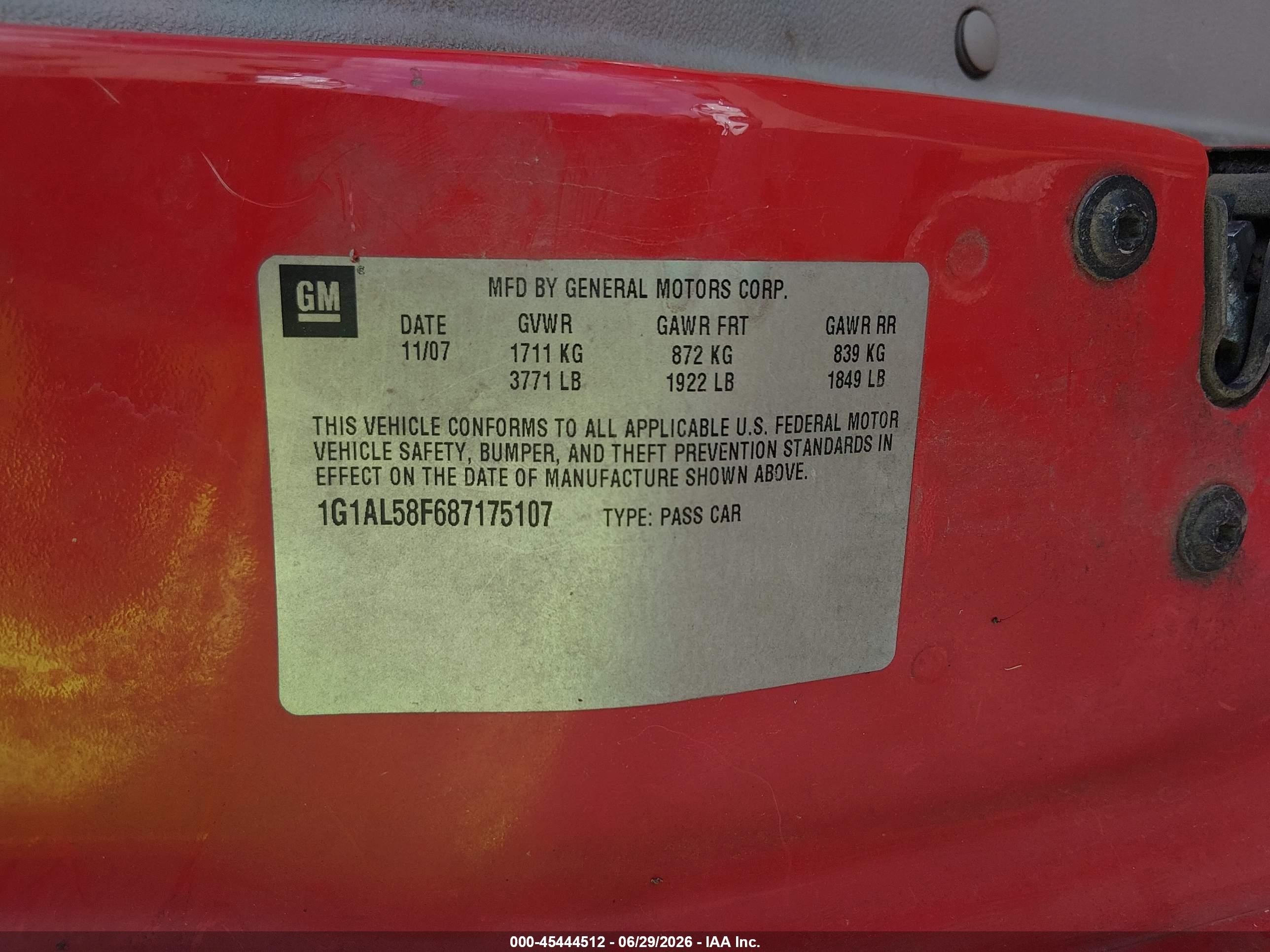 2008 Chevrolet Cobalt Lt Red vin: 1G1AL58F687175107
