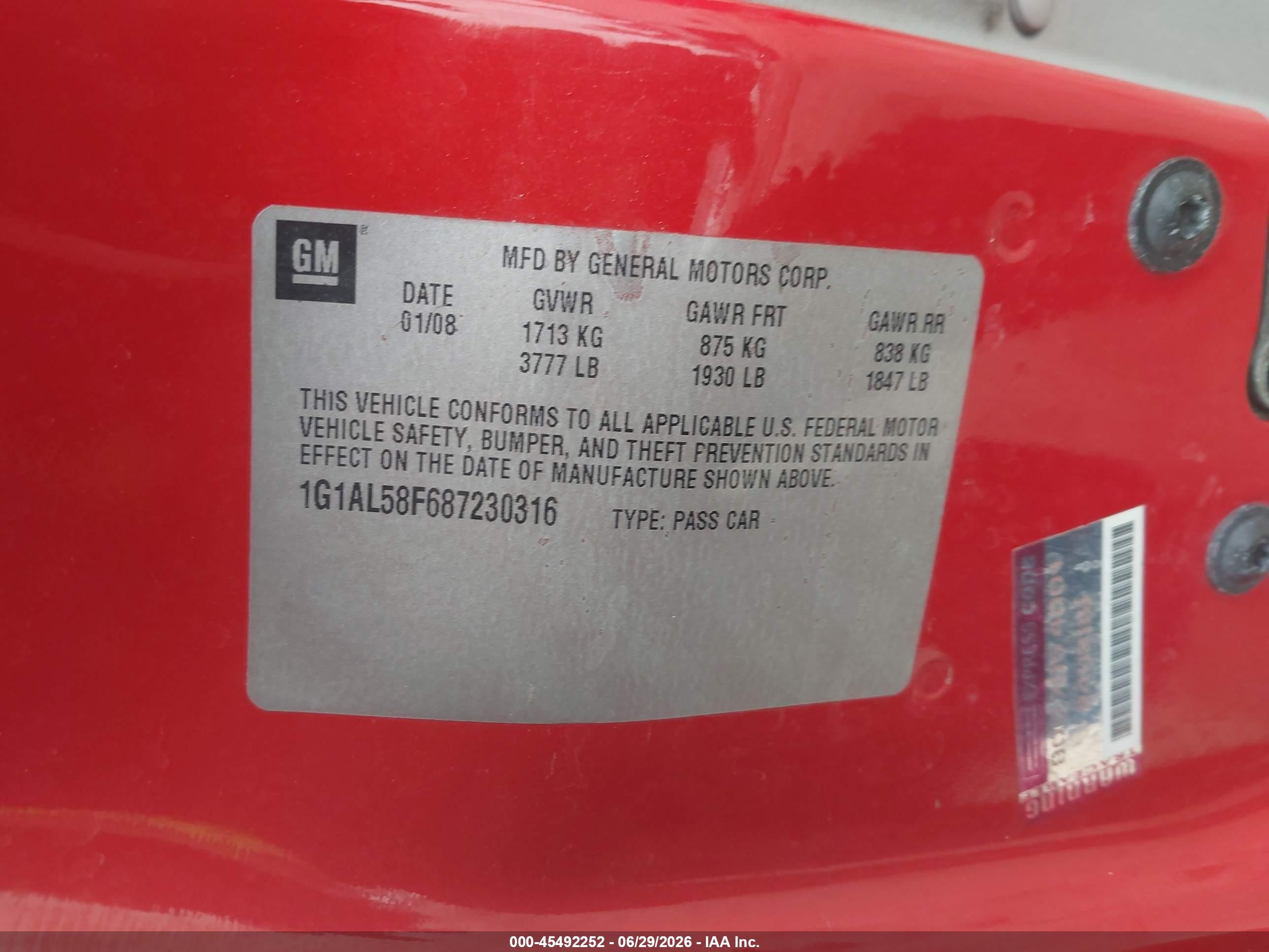 2008 Chevrolet Cobalt Lt Red vin: 1G1AL58F687230316
