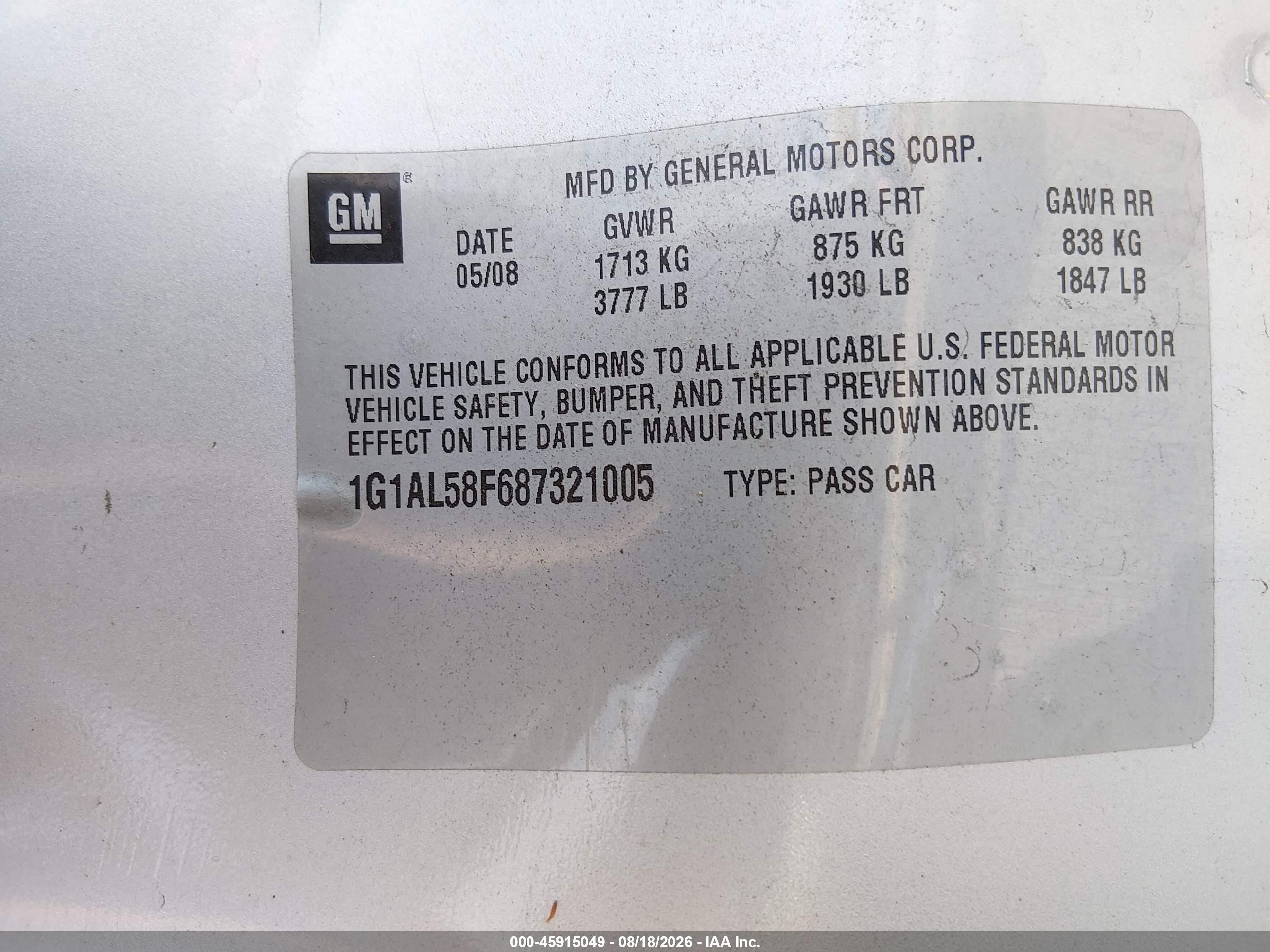 2008 Chevrolet Cobalt Lt Silver vin: 1G1AL58F687321005