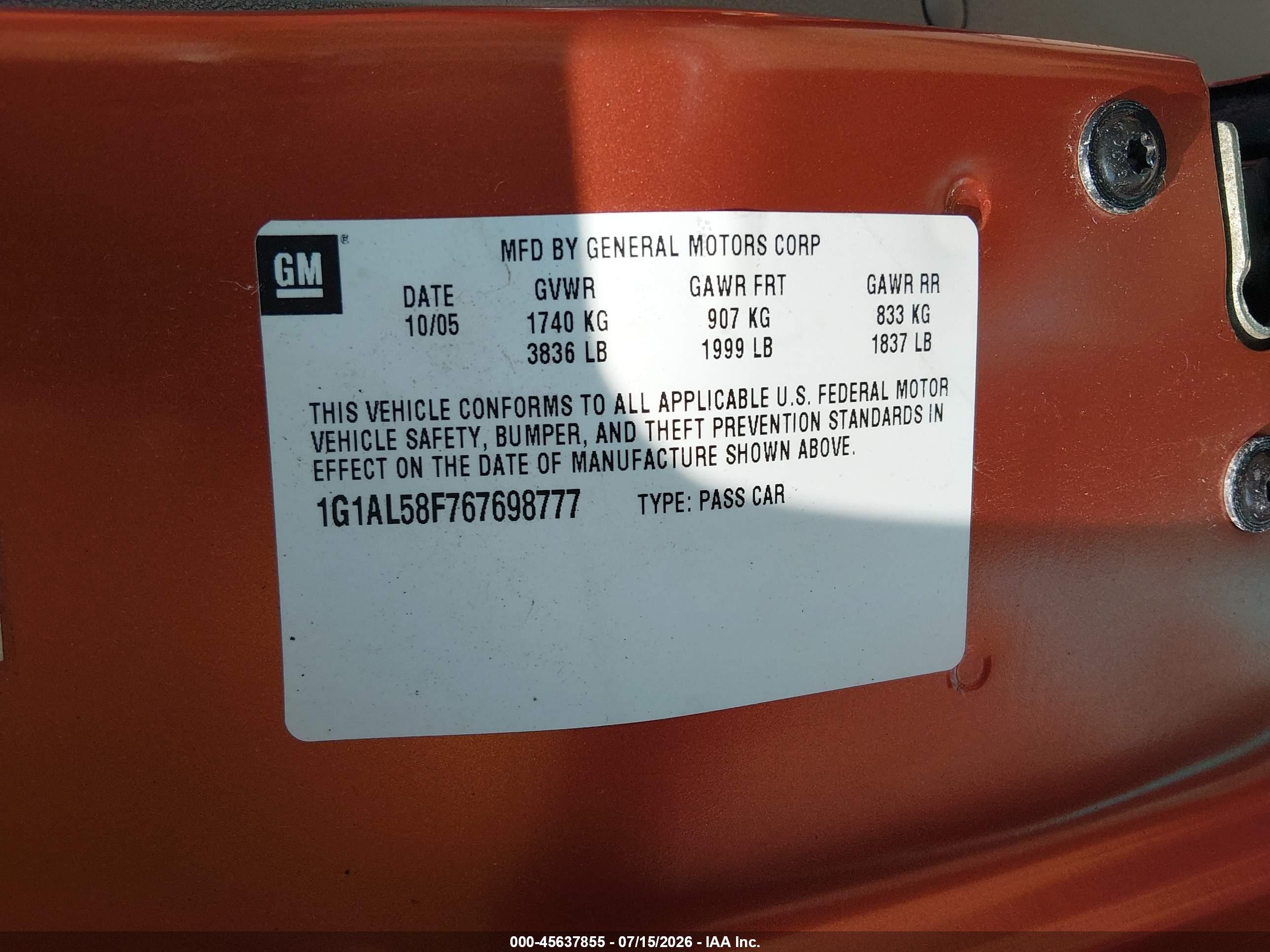 2006 Chevrolet Cobalt Lt Orange vin: 1G1AL58F767698777