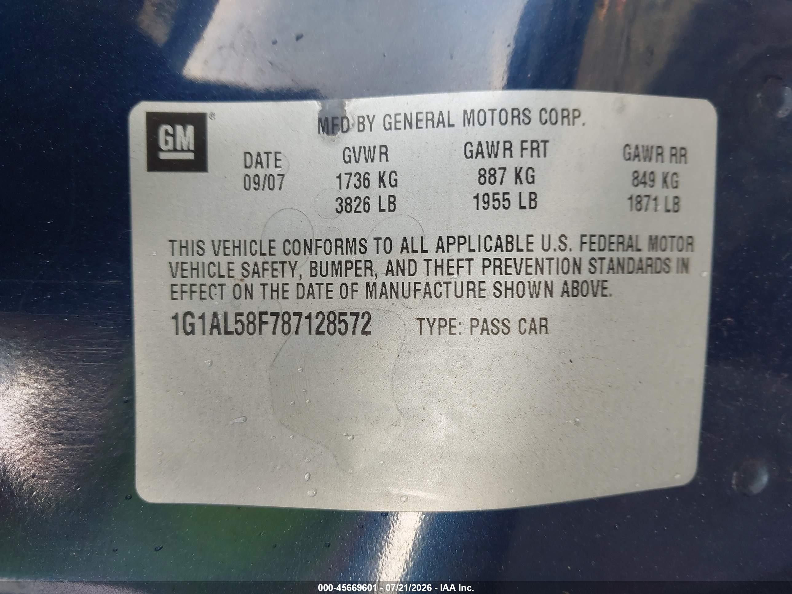 2008 Chevrolet Cobalt Lt Navy vin: 1G1AL58F787128572