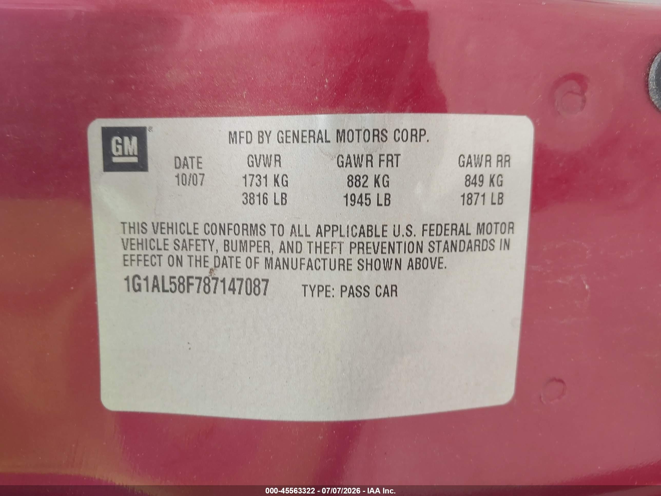 2008 Chevrolet Cobalt Lt Red vin: 1G1AL58F787147087