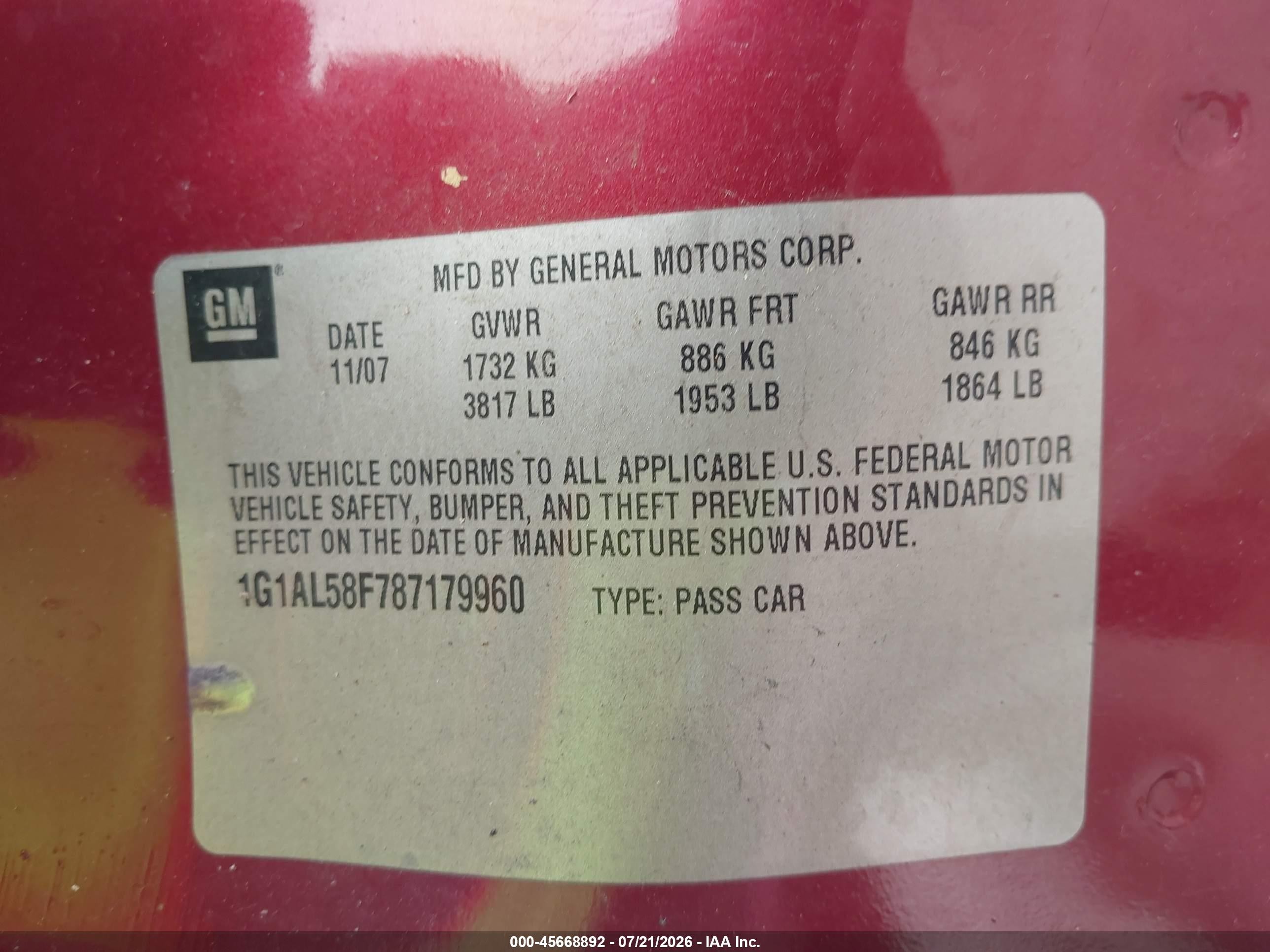 2008 Chevrolet Cobalt Lt Red vin: 1G1AL58F787179960
