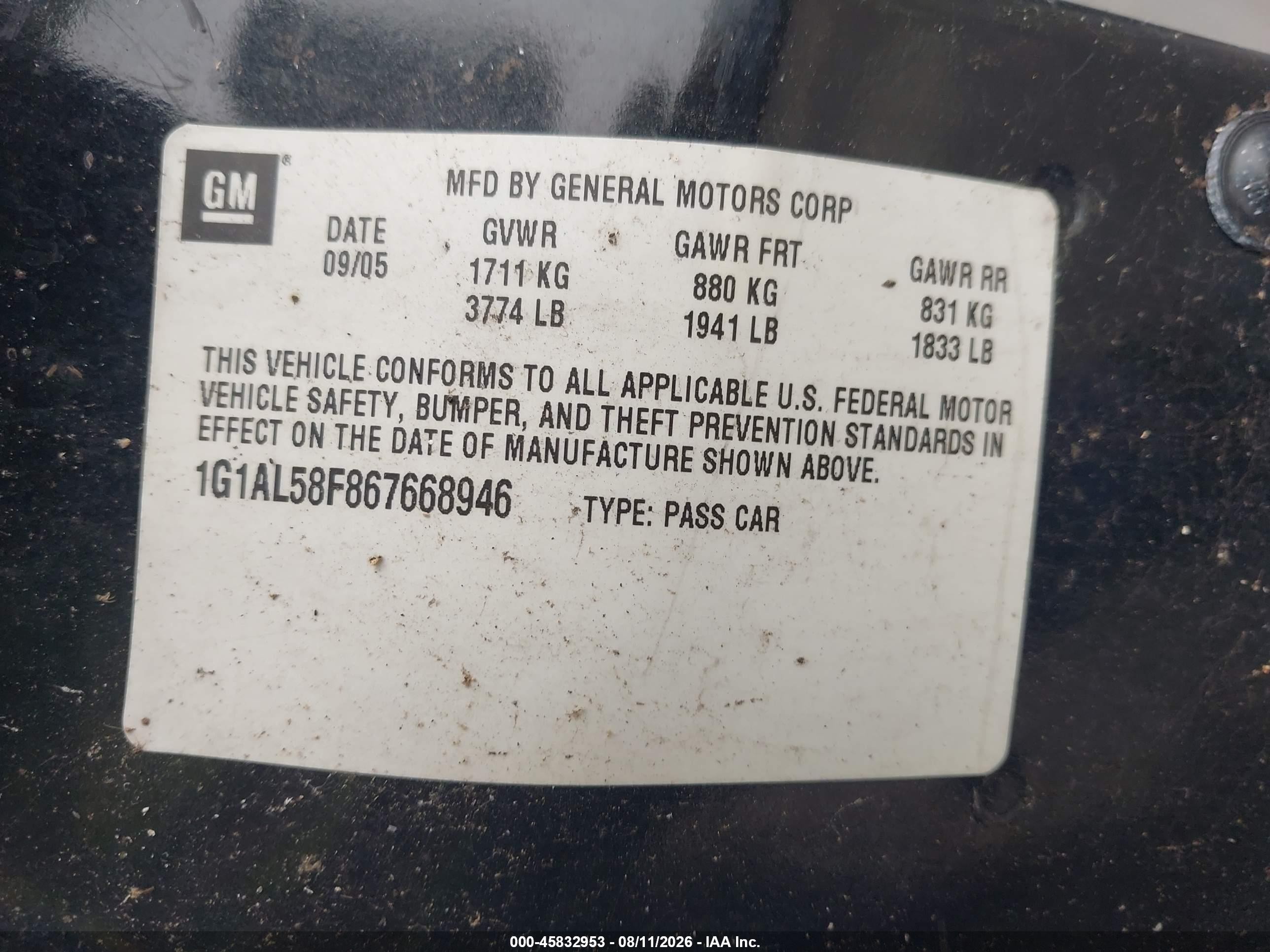 2006 Chevrolet Cobalt Lt Black vin: 1G1AL58F867668946