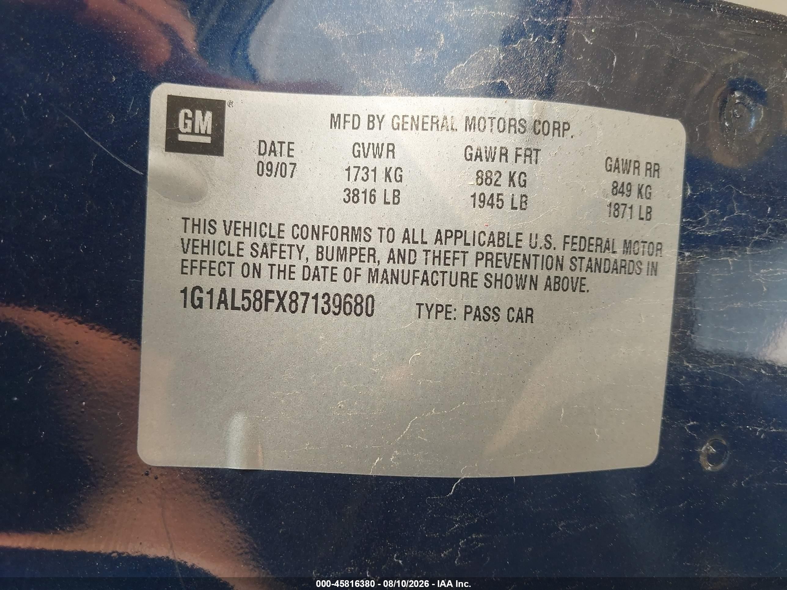 2008 Chevrolet Cobalt Lt Dark Blue vin: 1G1AL58FX87139680