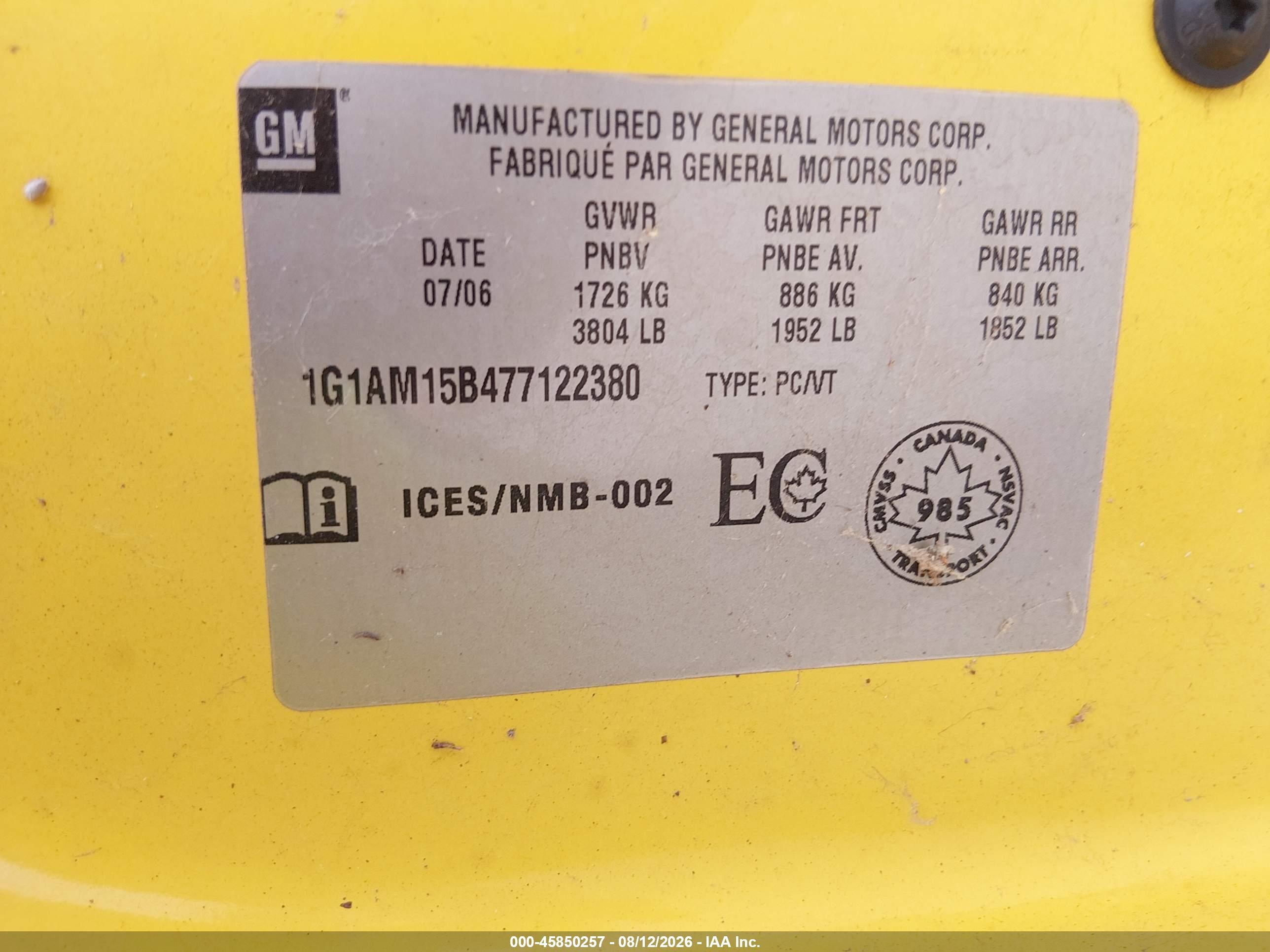2007 Chevrolet Cobalt Ss Yellow vin: 1G1AM15B477122380