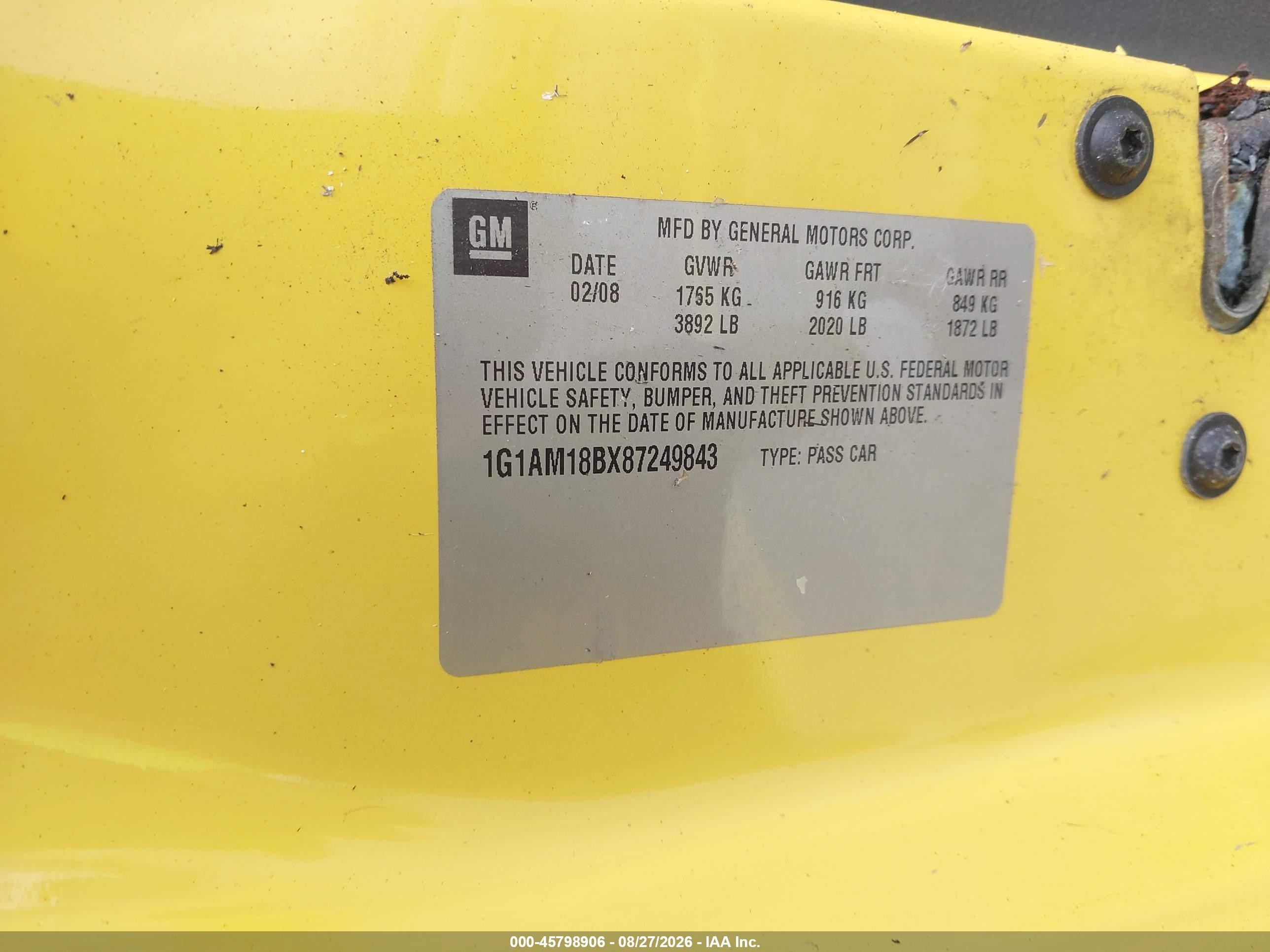 2008 Chevrolet Cobalt Sport Yellow vin: 1G1AM18BX87249843