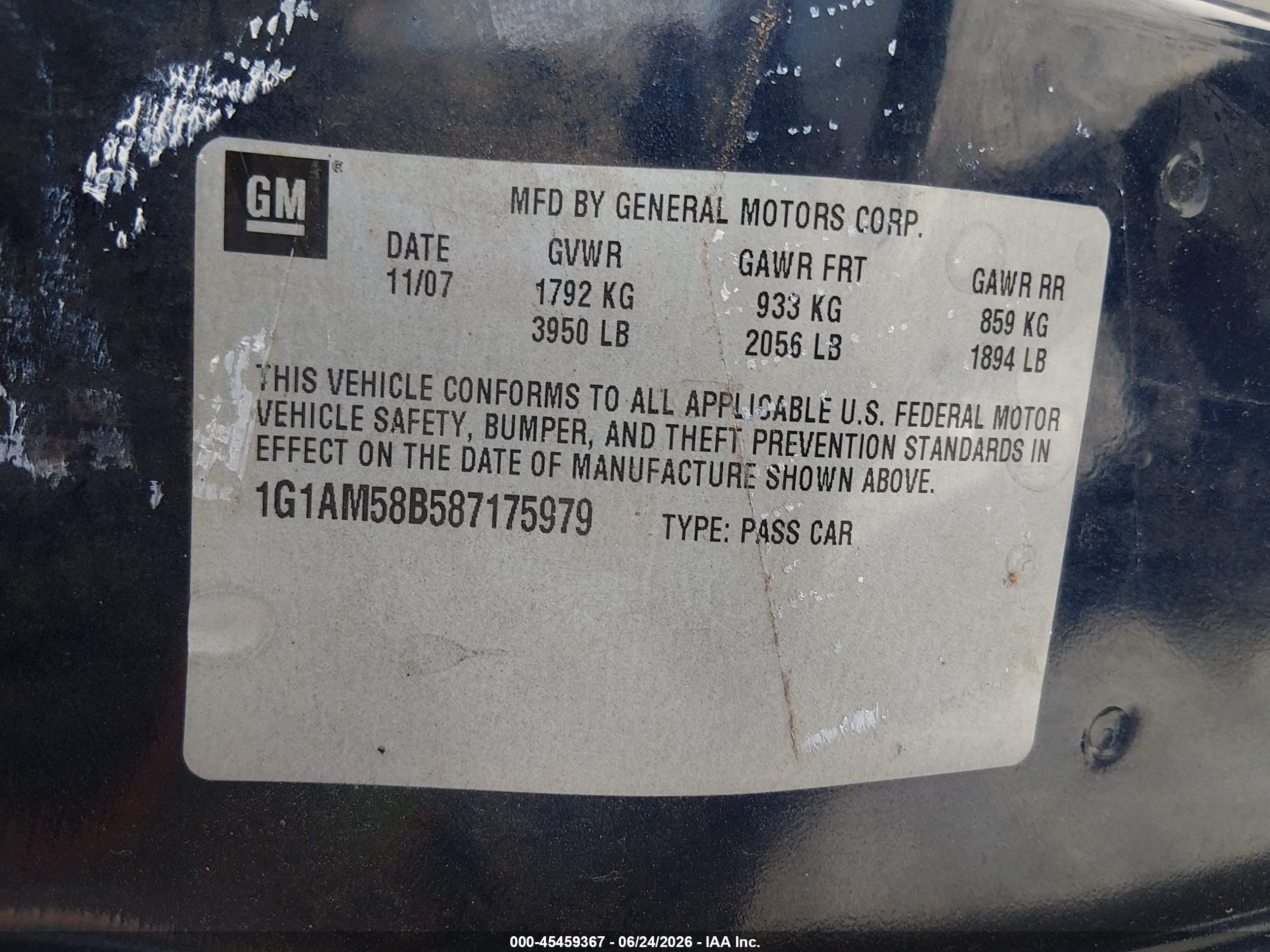 2008 Chevrolet Cobalt Sport Blue vin: 1G1AM58B587175979