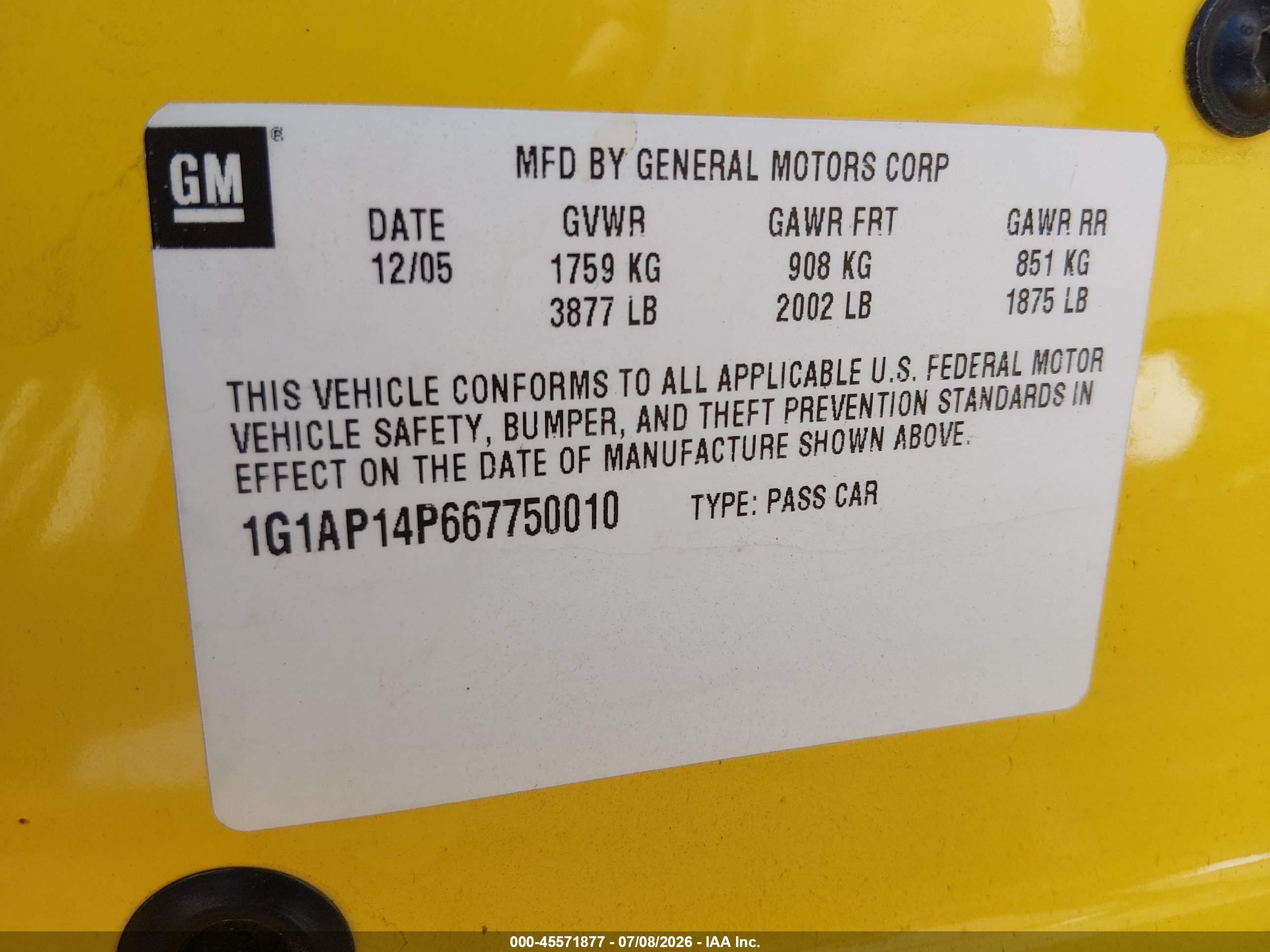 2006 Chevrolet Cobalt Ss Supercharged Желтый vin: 1G1AP14P667750010