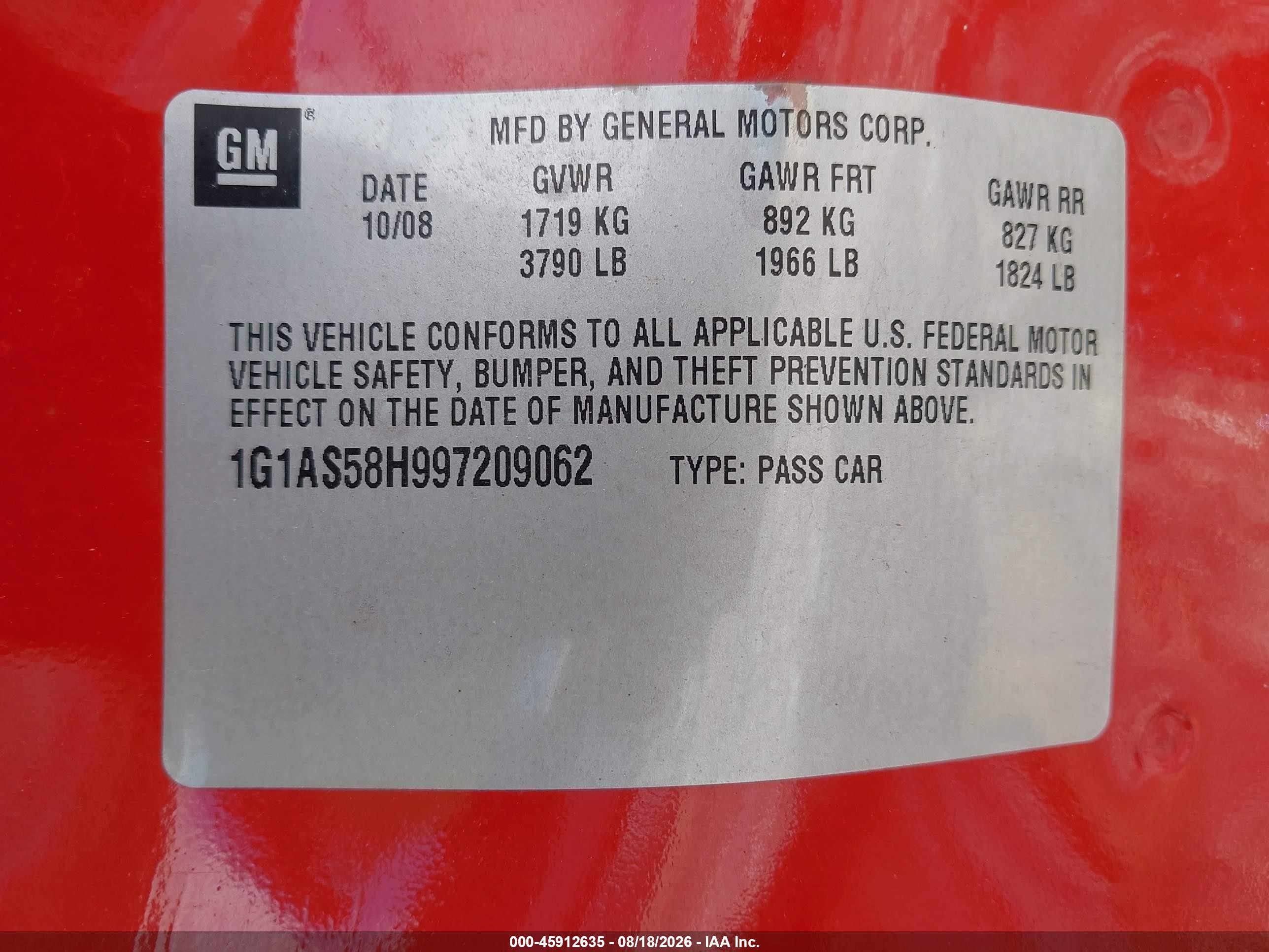 2009 Chevrolet Cobalt Ls Red vin: 1G1AS58H997209062