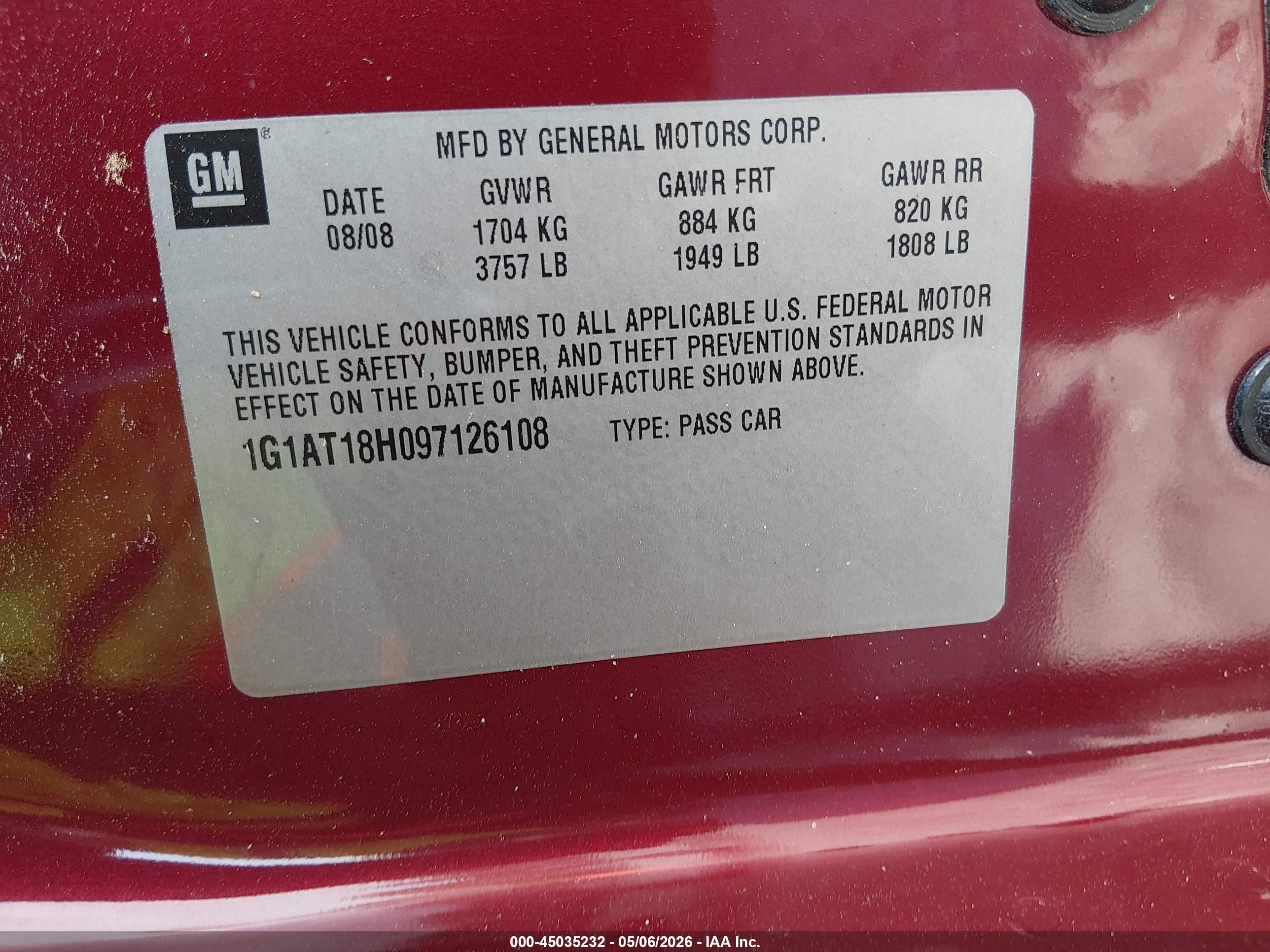 2009 Chevrolet Cobalt Lt Burgundy vin: 1G1AT18H097126108
