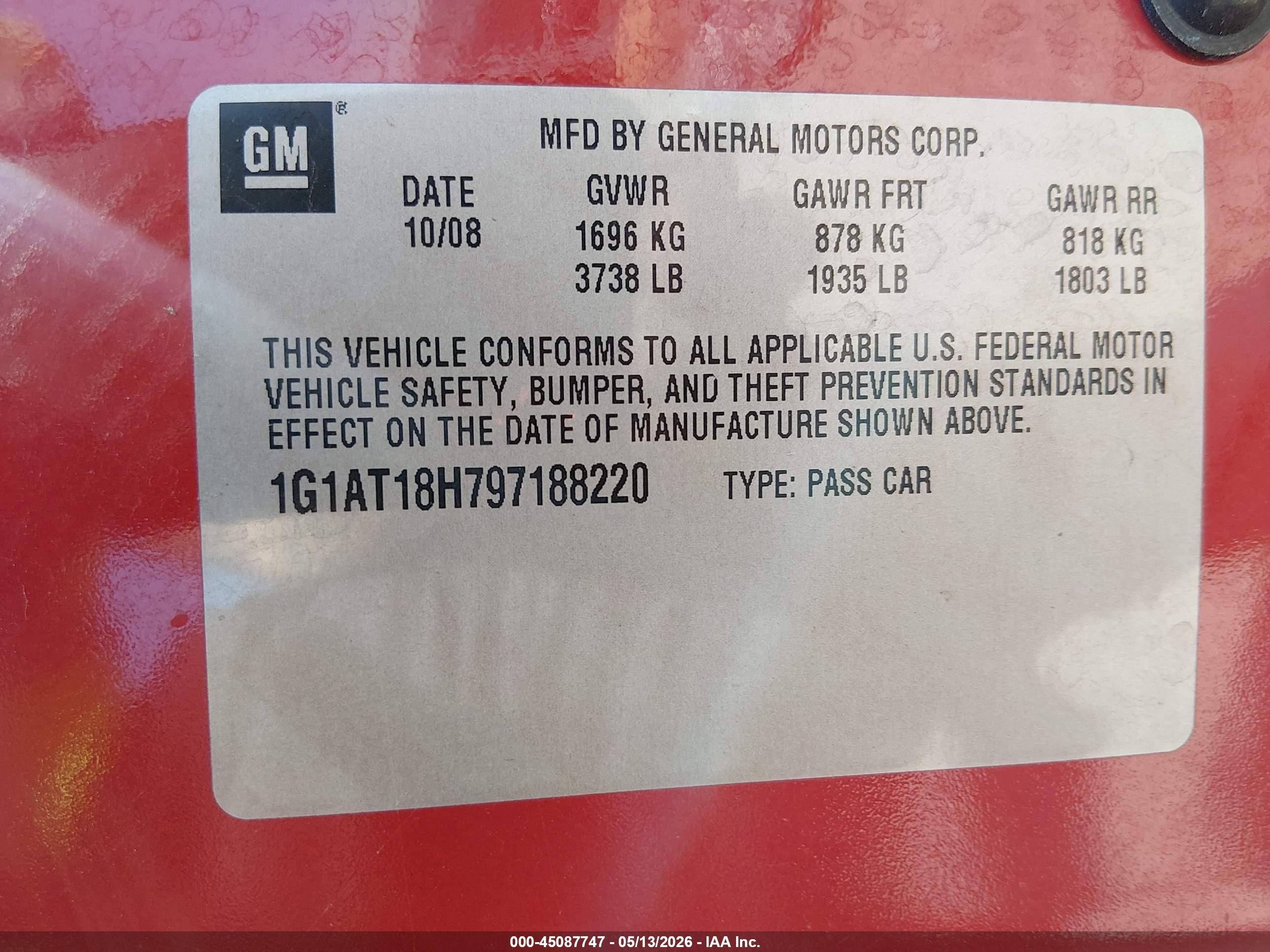2009 Chevrolet Cobalt Lt Red vin: 1G1AT18H797188220