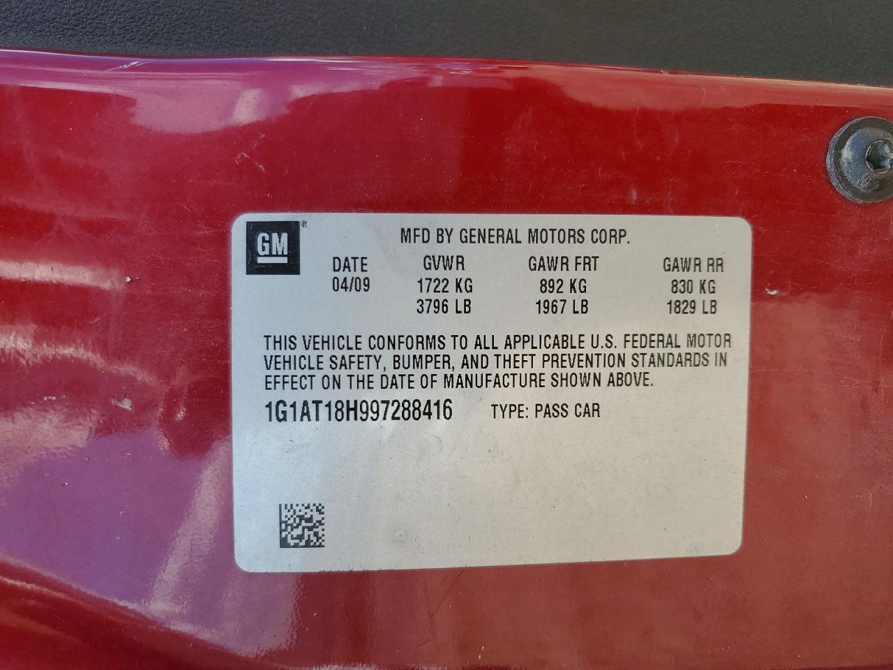 2009 Chevrolet Cobalt Lt Burgundy vin: 1G1AT18H997288416