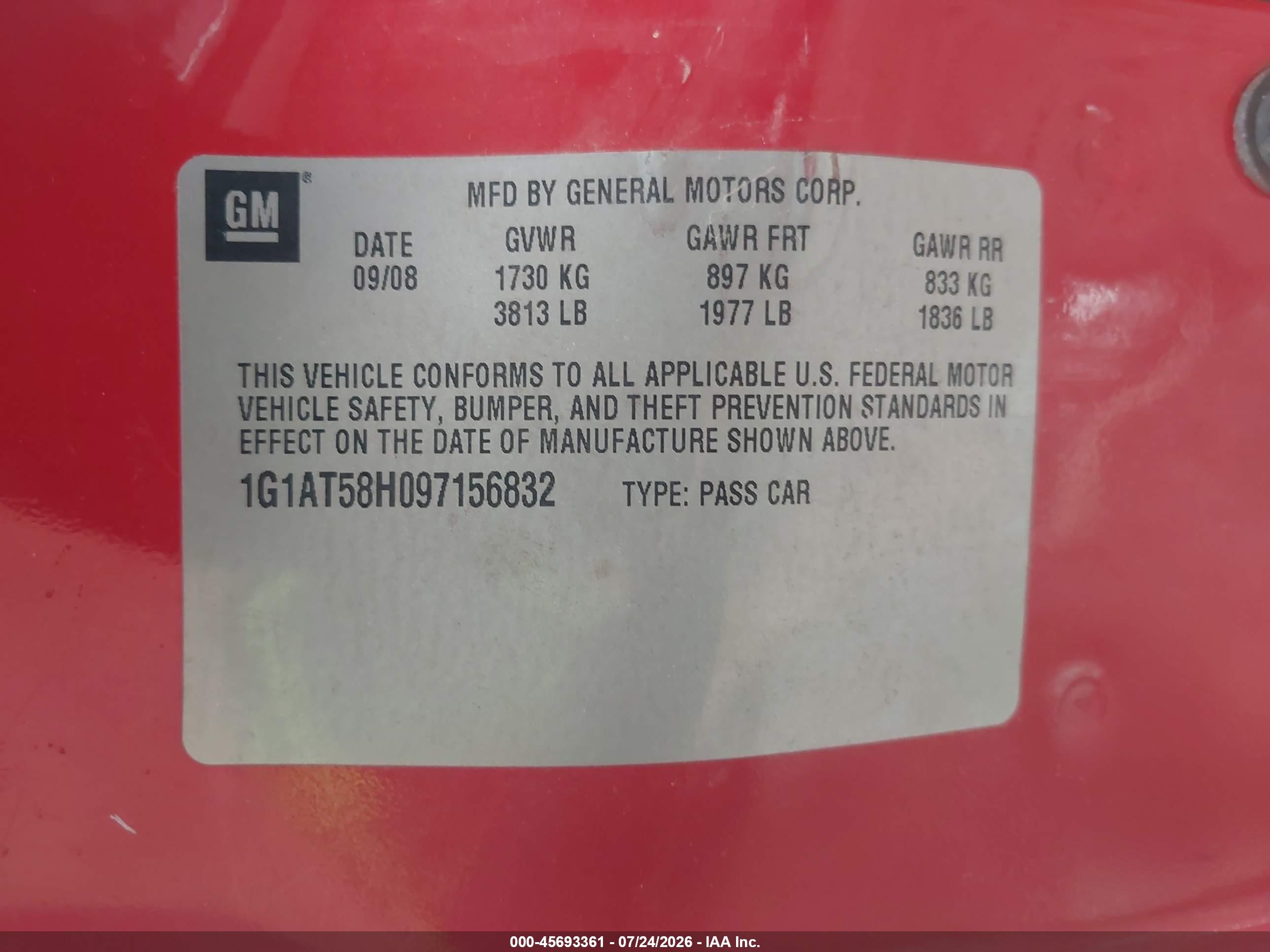 2009 Chevrolet Cobalt Lt Red vin: 1G1AT58H097156832