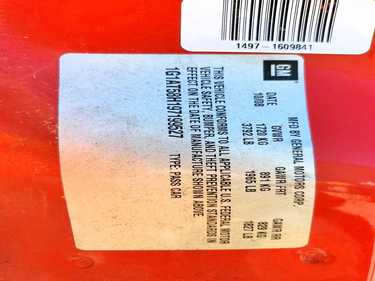 2009 Chevrolet Cobalt Lt Red vin: 1G1AT58H197199527
