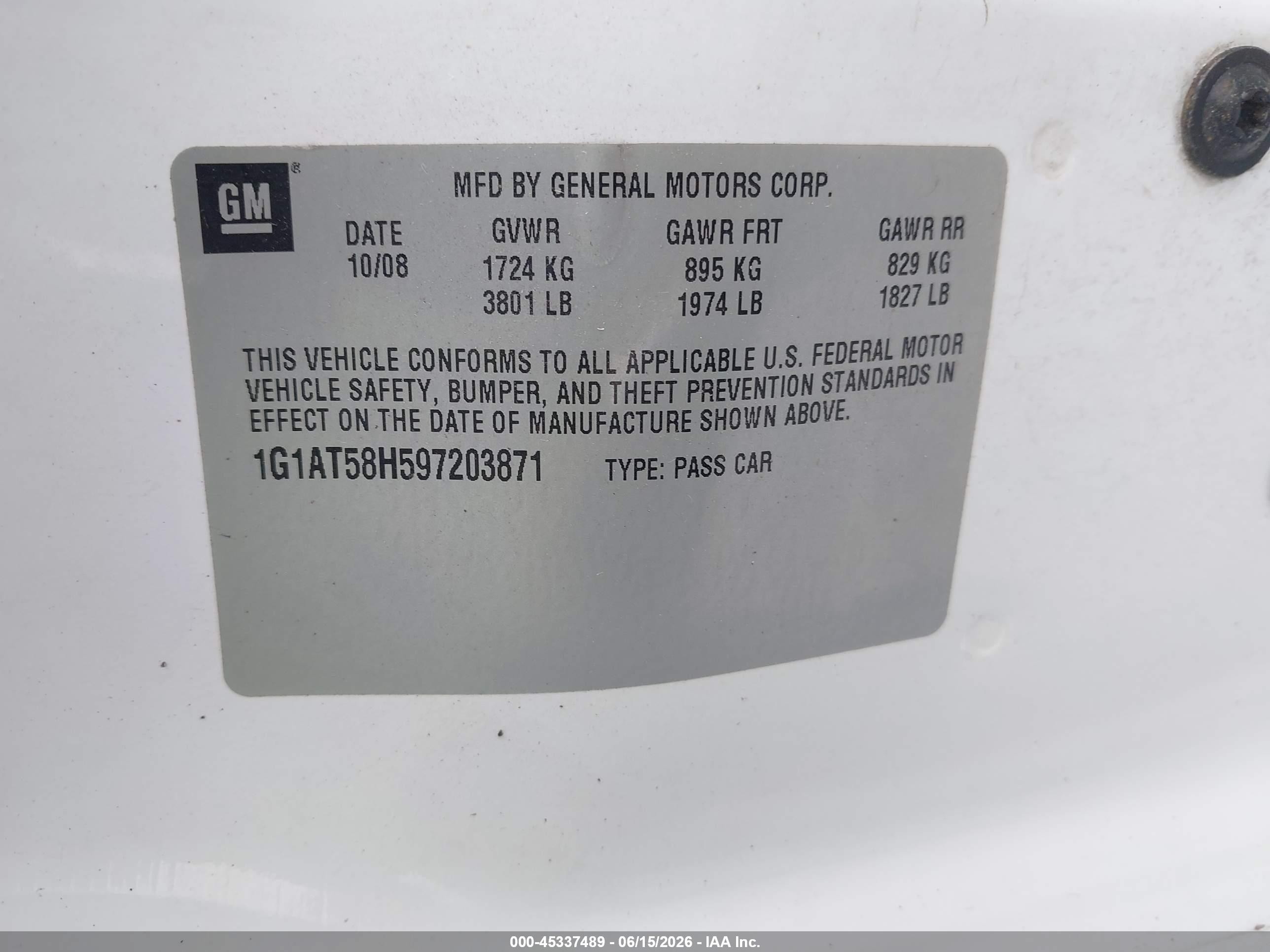 2009 Chevrolet Cobalt Lt White vin: 1G1AT58H597203871