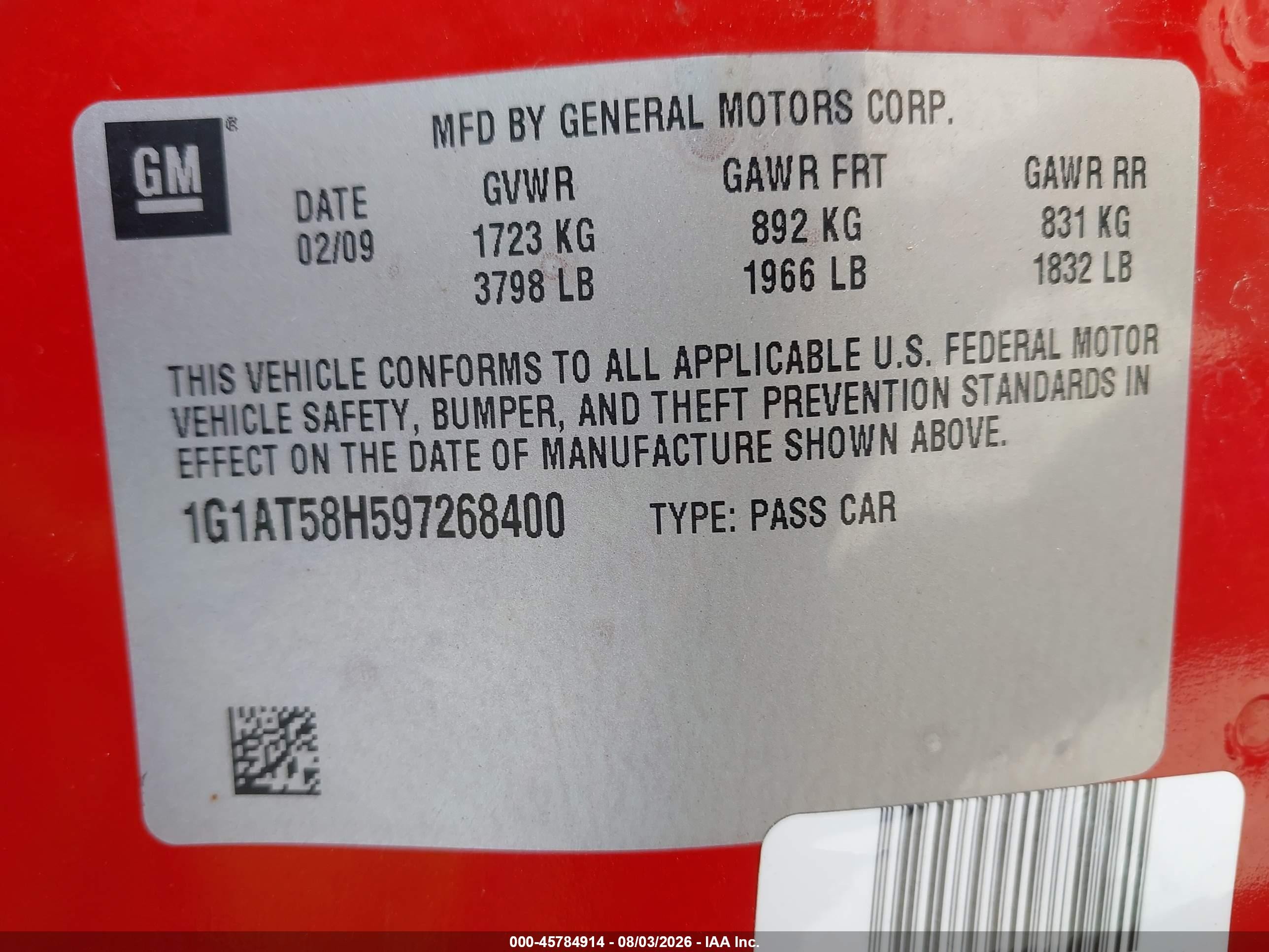 2009 Chevrolet Cobalt Lt Красный vin: 1G1AT58H597268400
