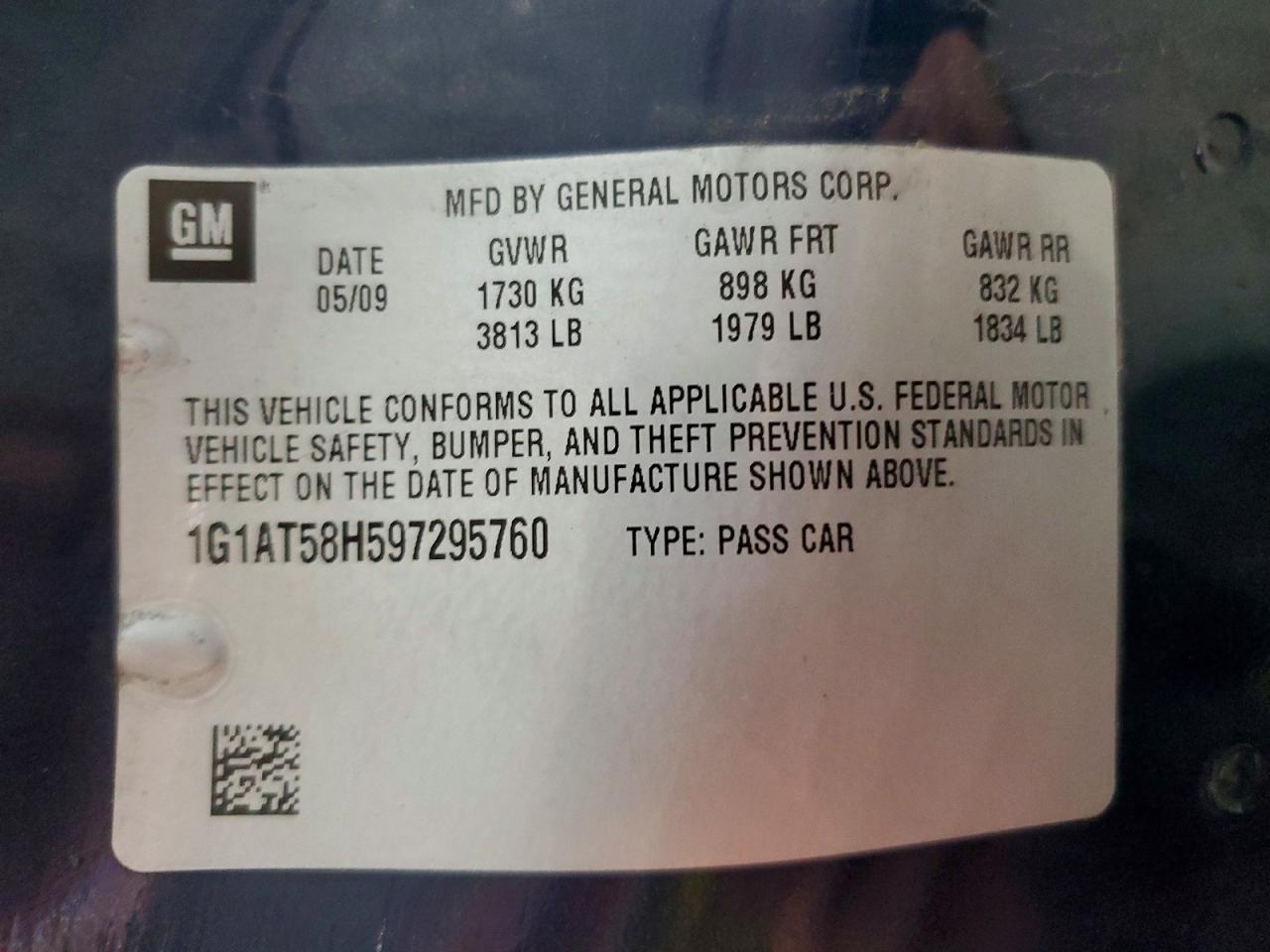 2009 Chevrolet Cobalt Lt Синий vin: 1G1AT58H597295760