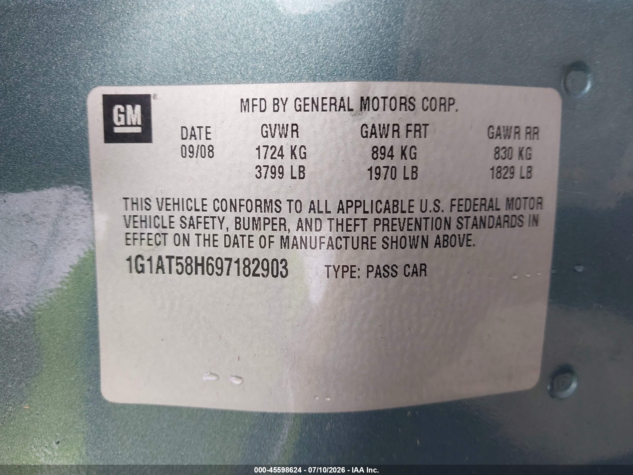 2009 Chevrolet Cobalt Lt Green vin: 1G1AT58H697182903