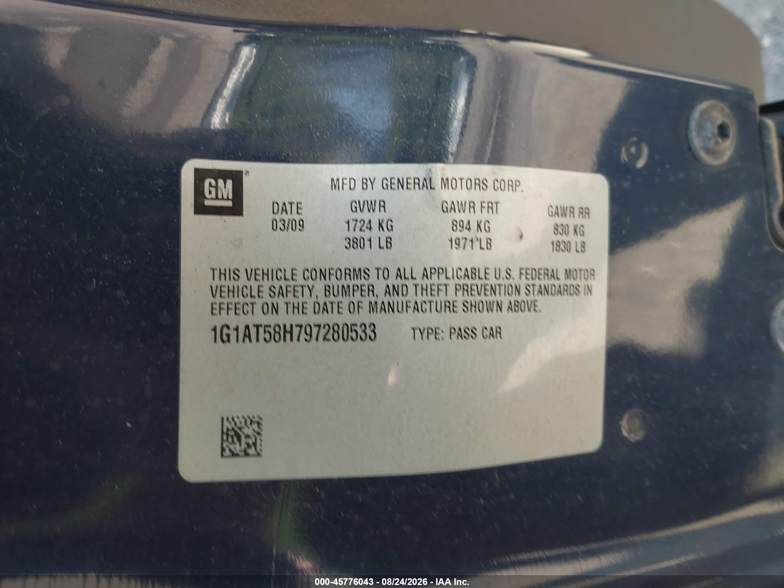 2009 Chevrolet Cobalt Lt Blue vin: 1G1AT58H797280533