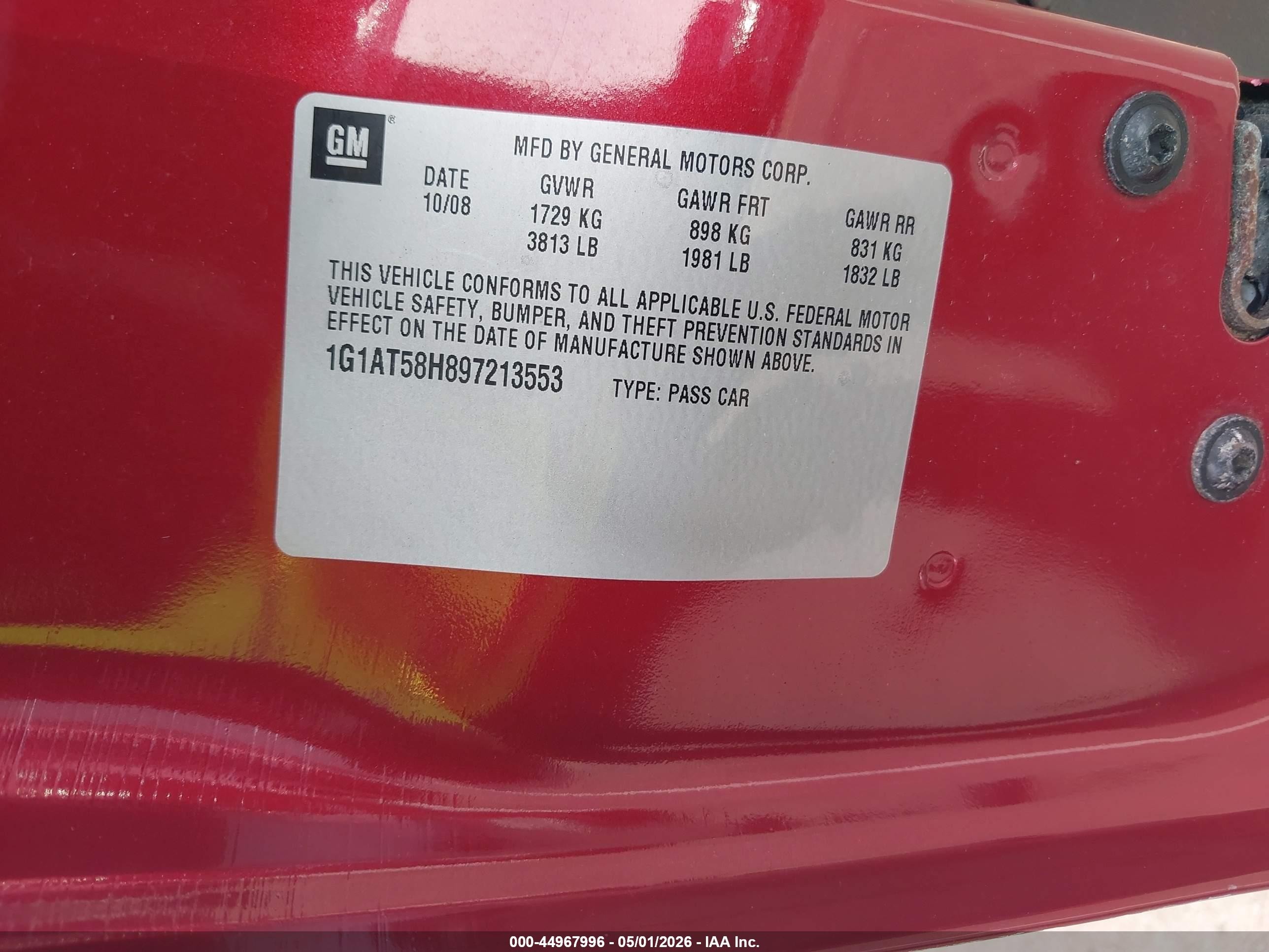 2009 Chevrolet Cobalt Lt Red vin: 1G1AT58H897213553