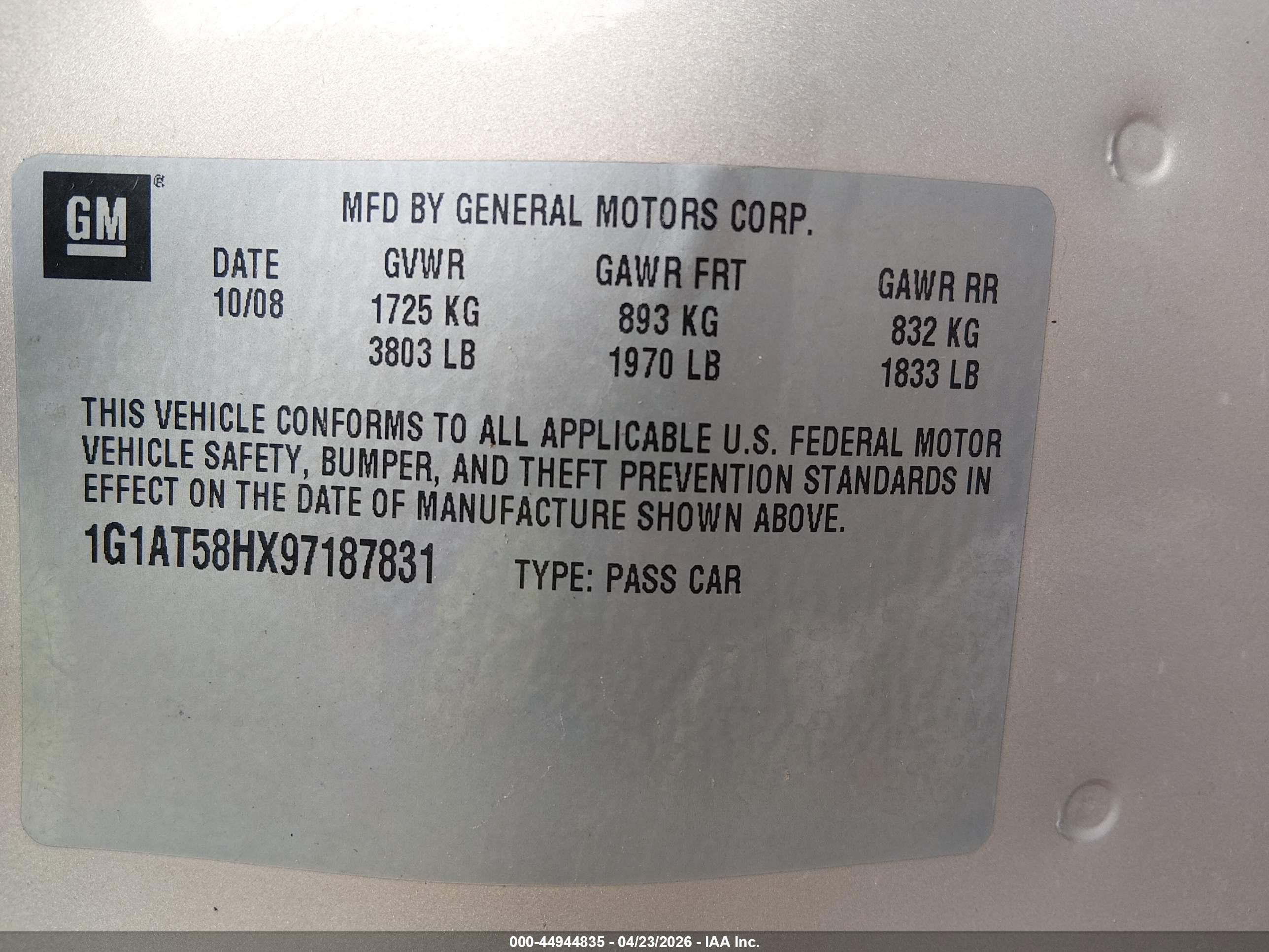 2009 Chevrolet Cobalt Lt Champagne vin: 1G1AT58HX97187831