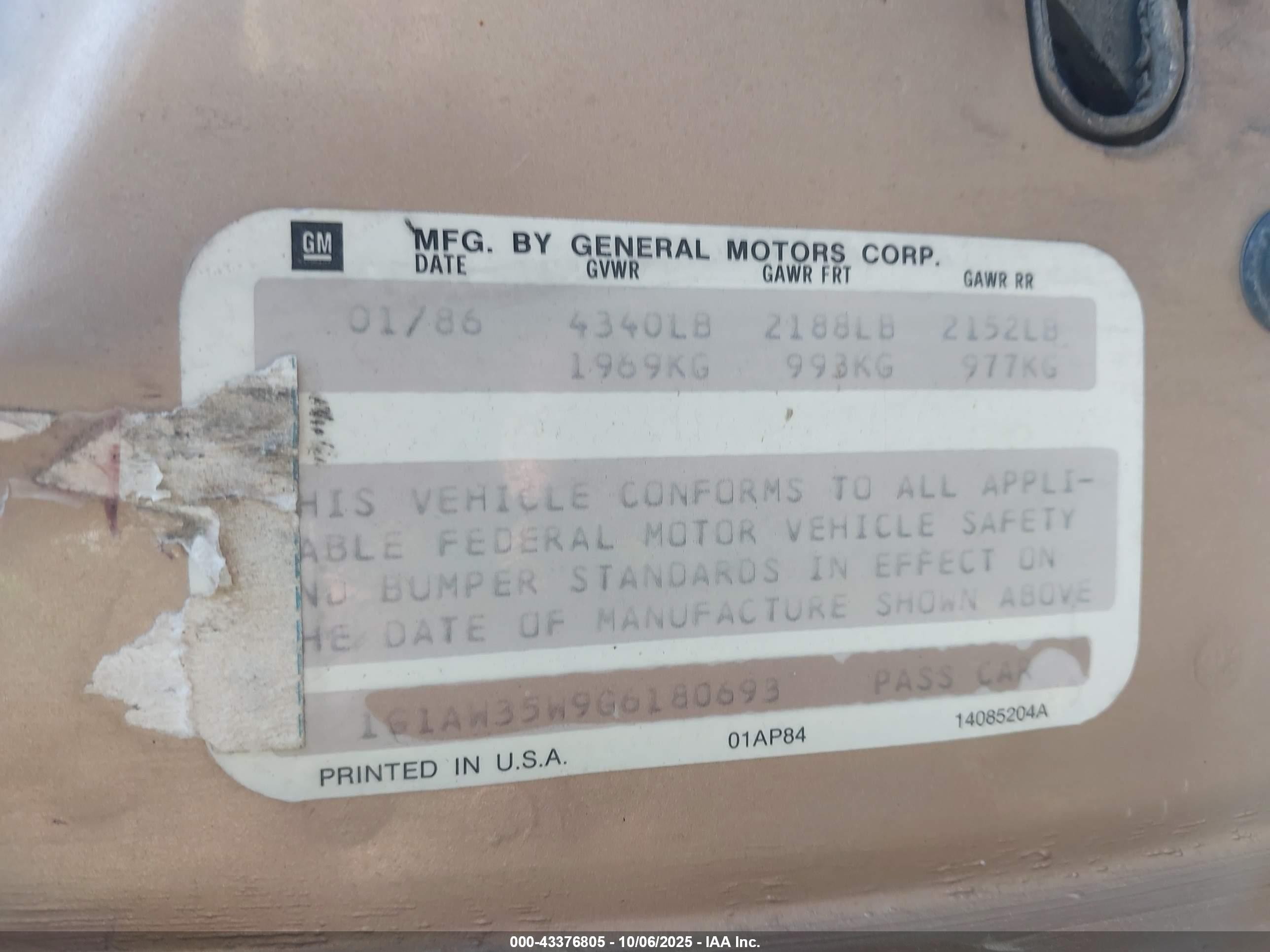1986 Chevrolet Celebrity   Gold vin: 1G1AW35W9G6180693