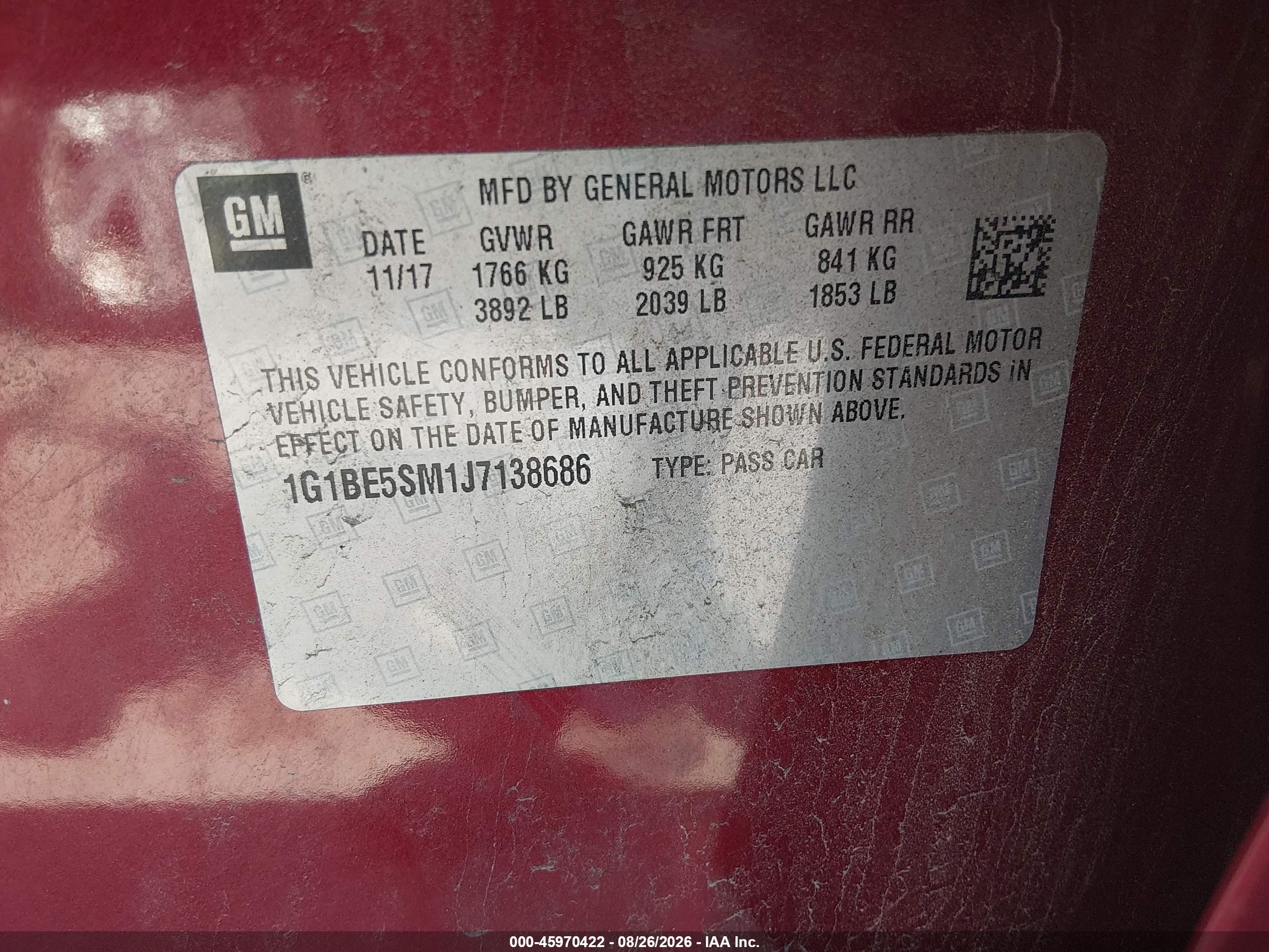 2018 Chevrolet Cruze Lt Auto Red vin: 1G1BE5SM1J7138686