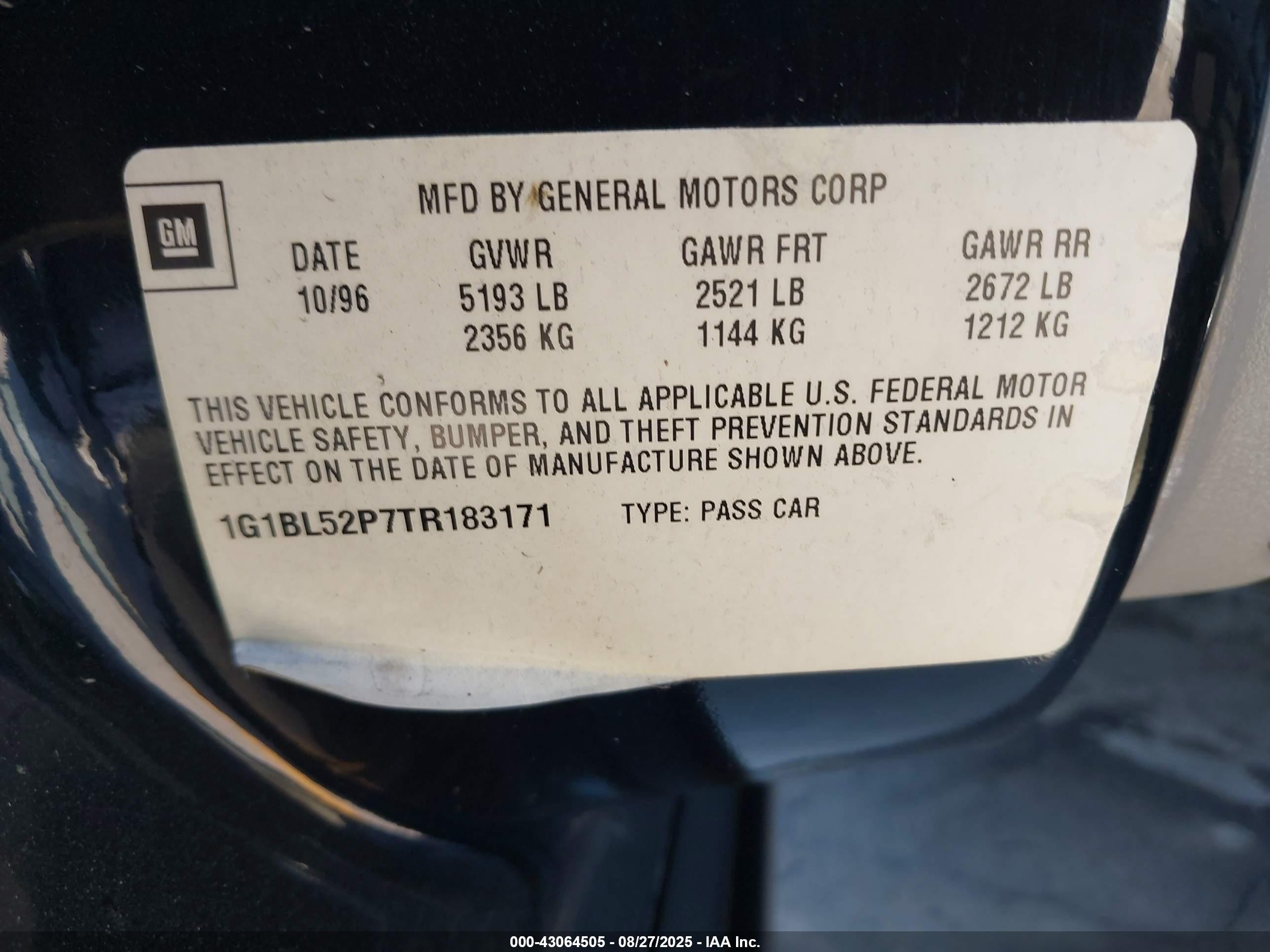 1996 Chevrolet Caprice / Impala Classic Ss Черный vin: 1G1BL52P7TR183171