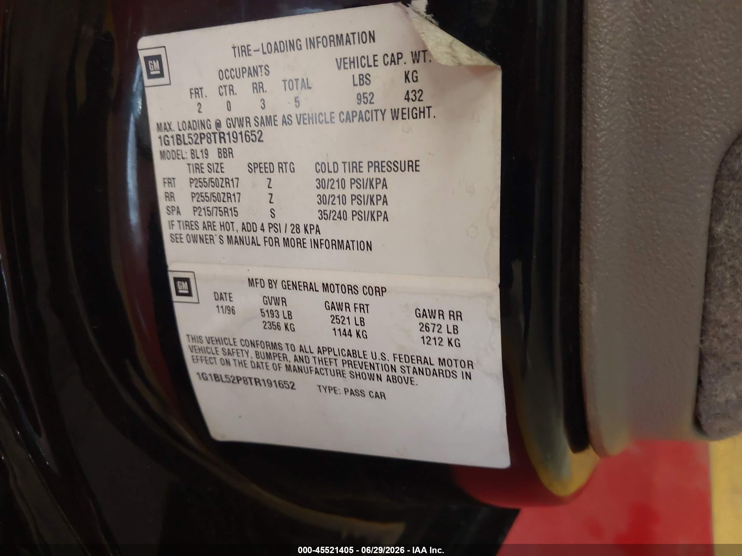 1996 Chevrolet Caprice / Impala Classic Ss Black vin: 1G1BL52P8TR191652