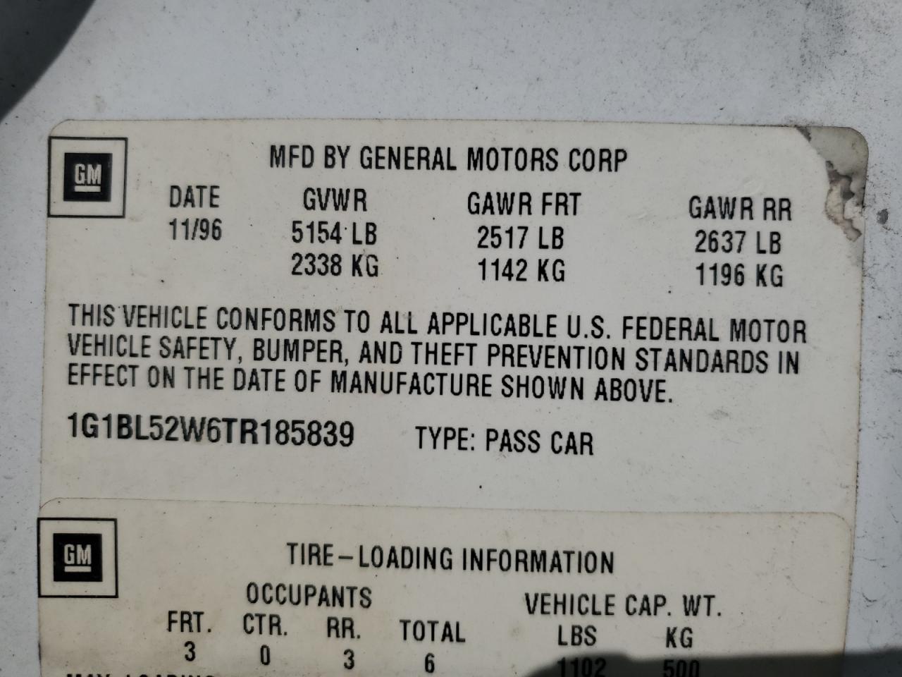 1996 Chevrolet Caprice Classic White vin: 1G1BL52W6TR185839