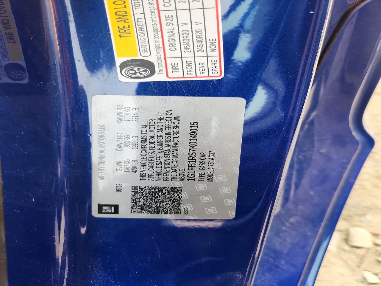 2019 Chevrolet Camaro Ls Blue vin: 1G1FB1RS7K0149015