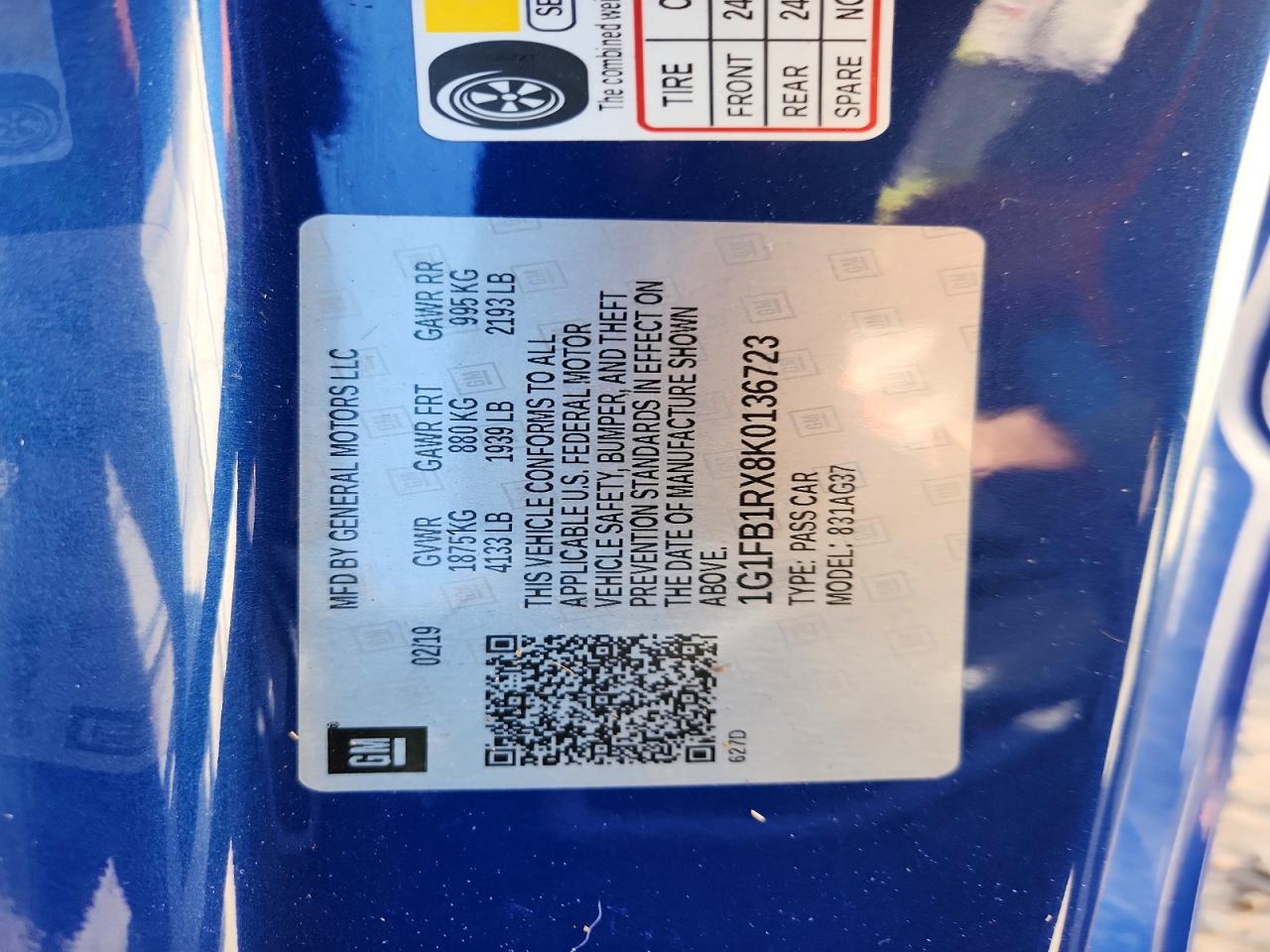 2019 Chevrolet Camaro Ls Blue vin: 1G1FB1RX8K0136723