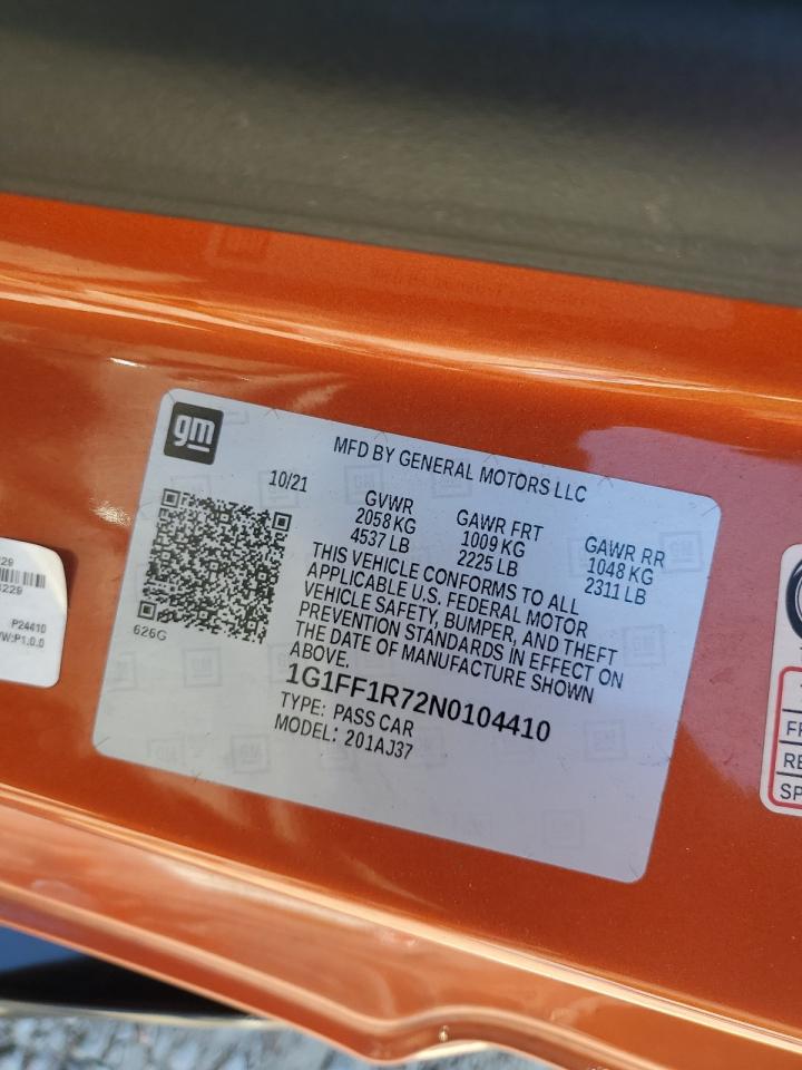 2022 Chevrolet Camaro Lt1 Orange vin: 1G1FF1R72N0104410