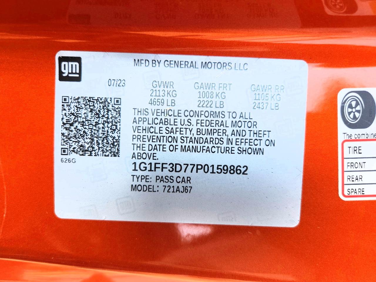 2023 Chevrolet Camaro Lt1 Orange vin: 1G1FF3D77P0159862
