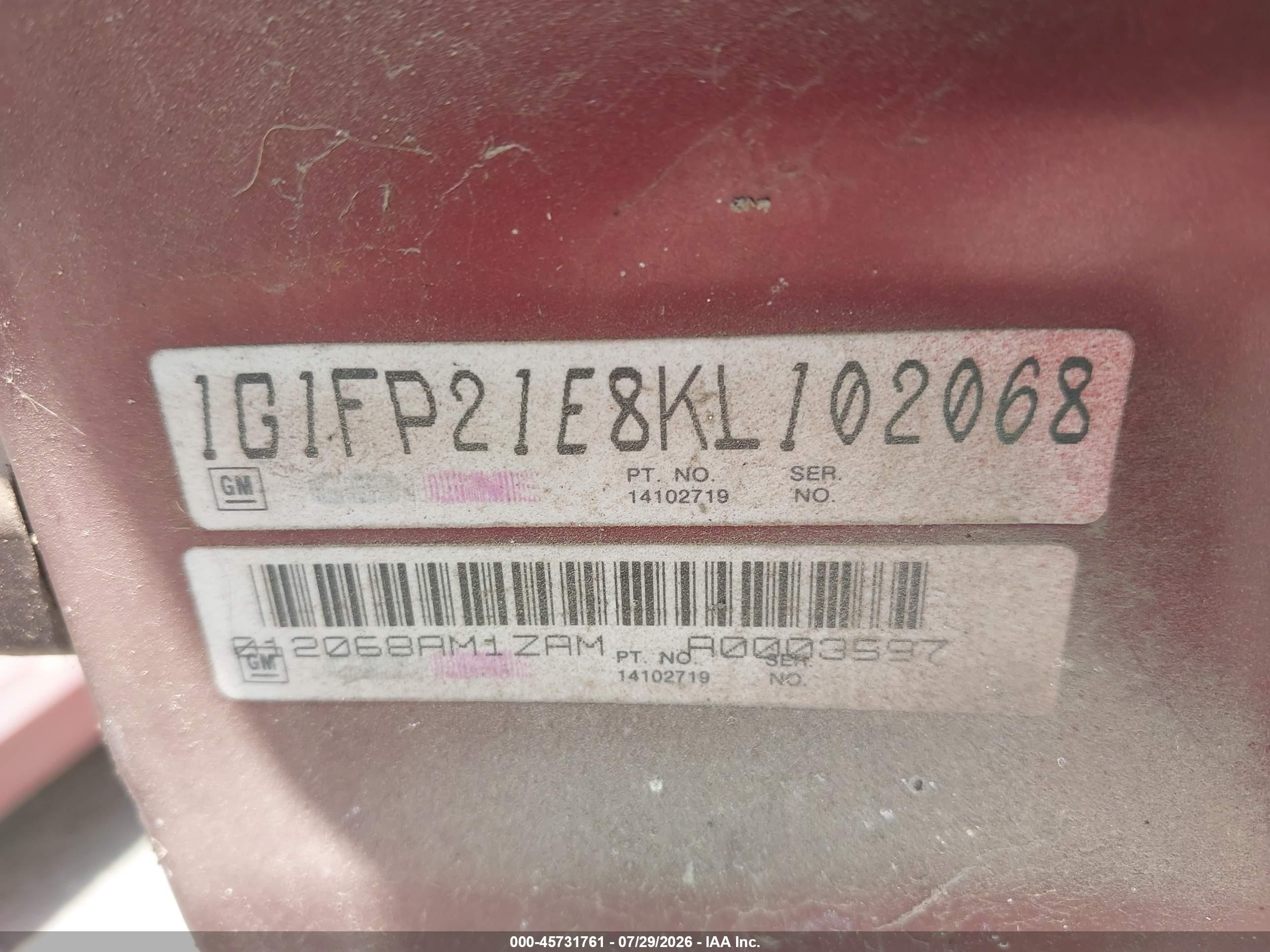1989 Chevrolet Camaro   Red vin: 1G1FP21E8KL102068