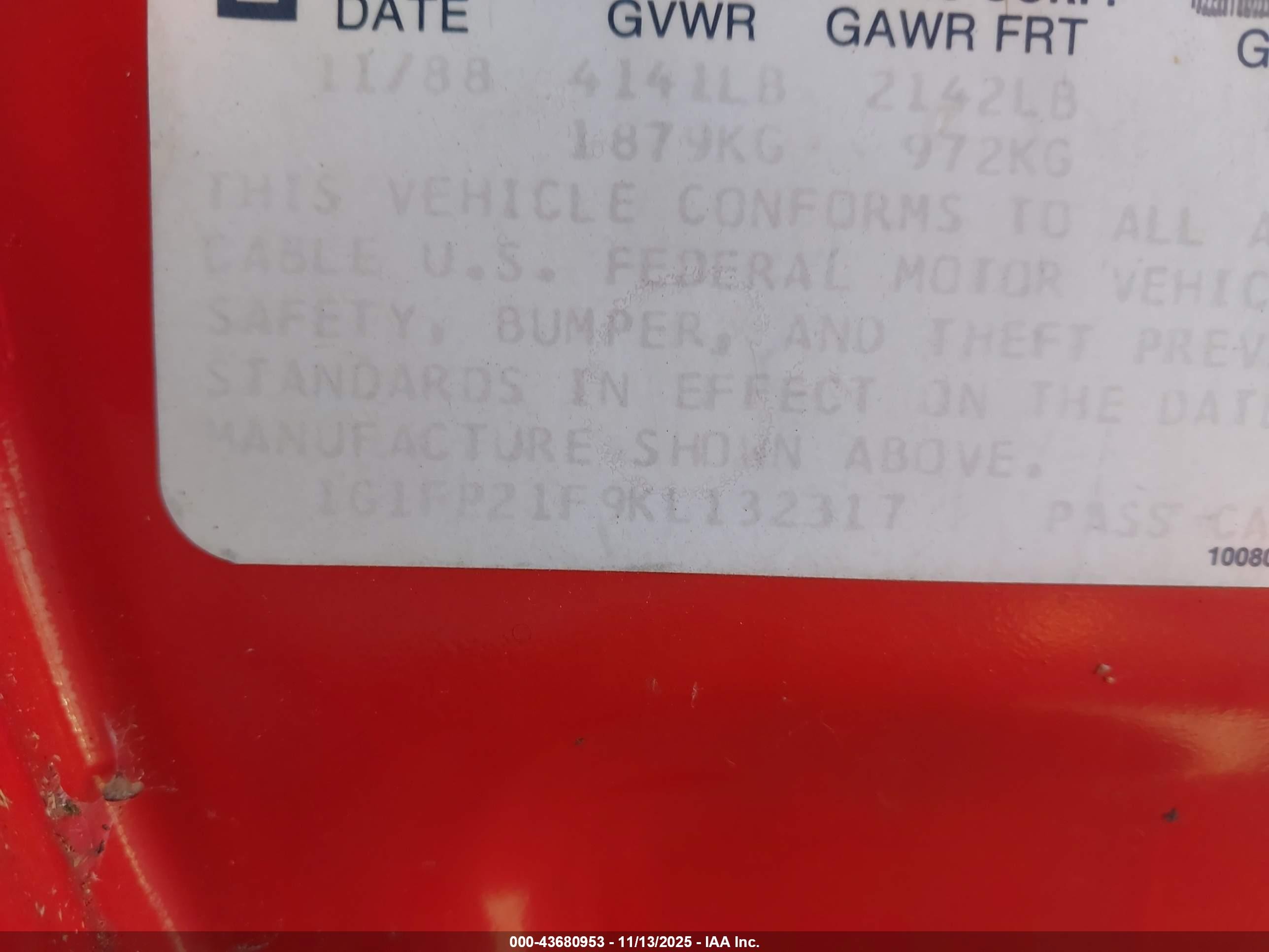 1989 Chevrolet Camaro   Red vin: 1G1FP21F9KL132317