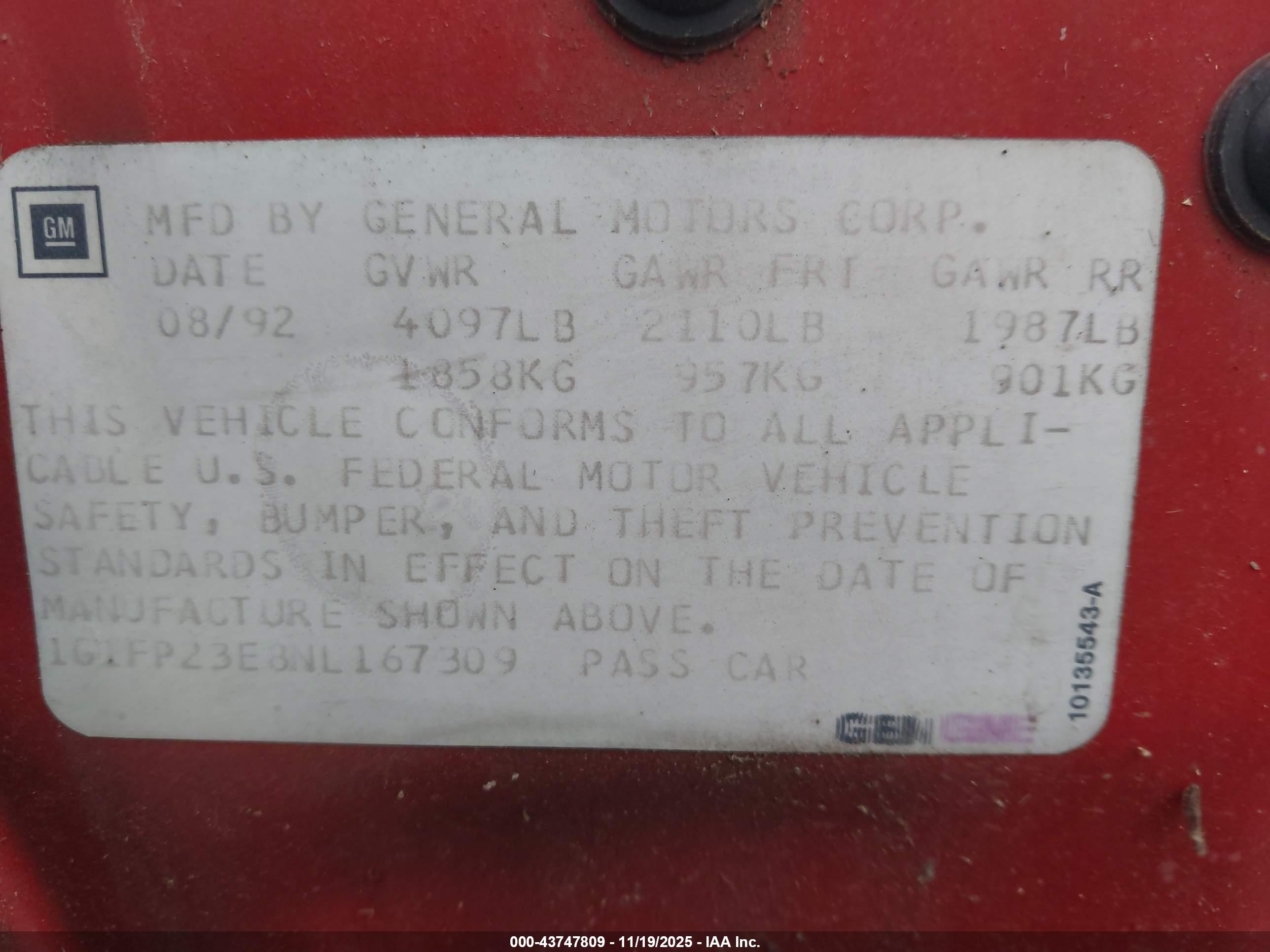 1992 Chevrolet Camaro Rs Red vin: 1G1FP23E8NL167309