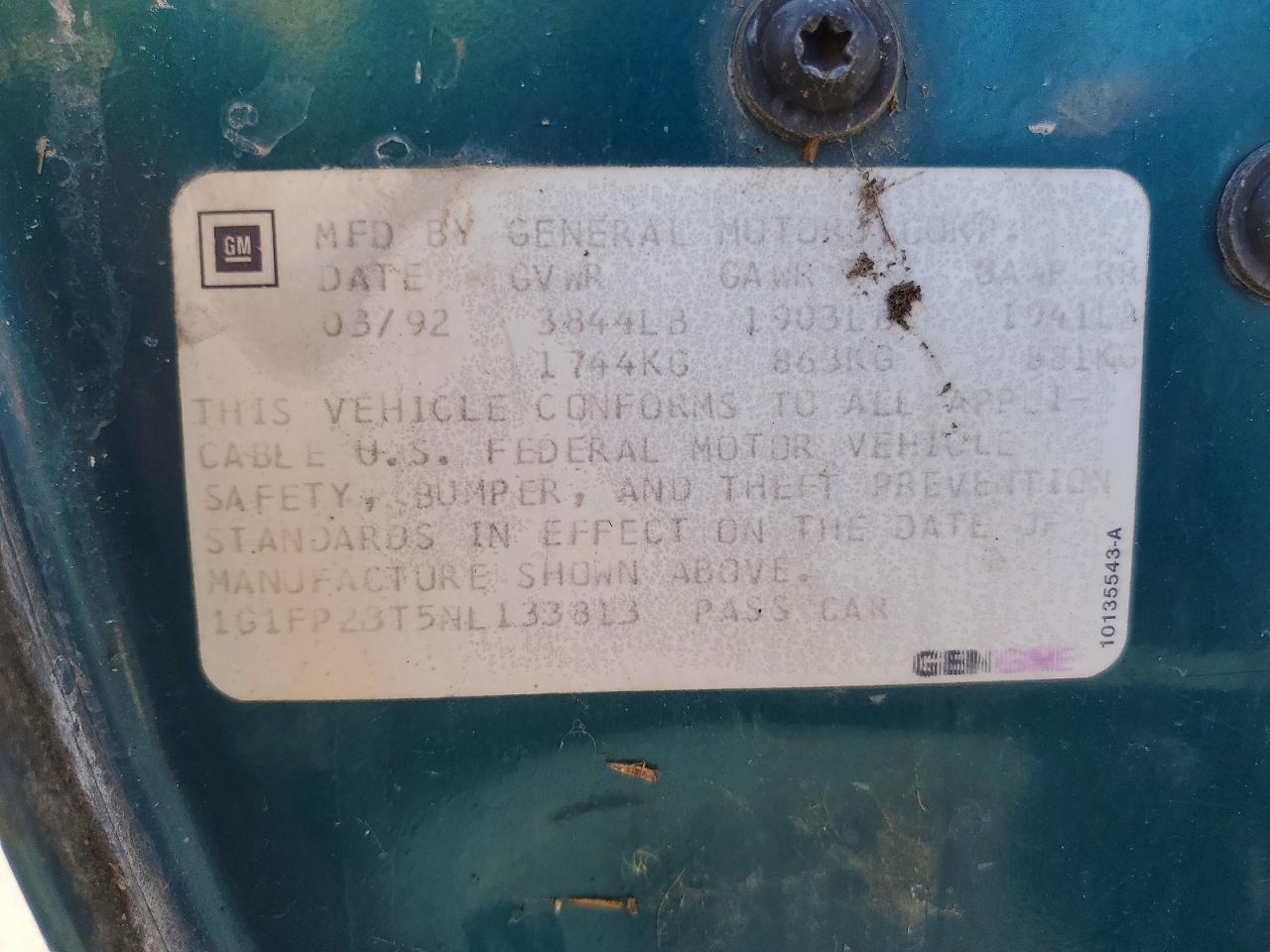 1992 Chevrolet Camaro Rs Teal vin: 1G1FP23T5NL133813