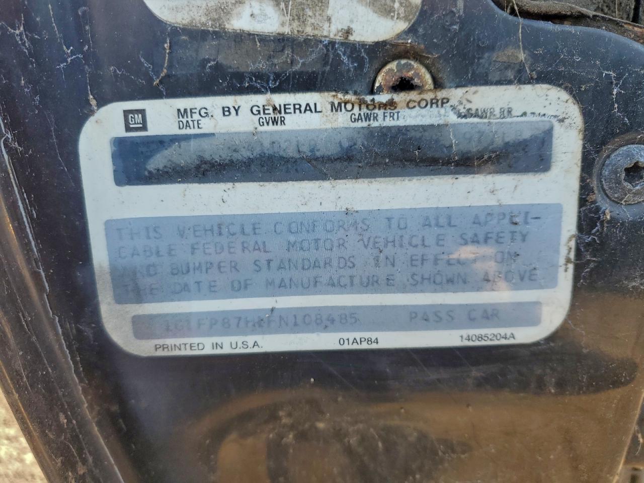 1985 Chevrolet Camaro Black vin: 1G1FP87H1FN108485