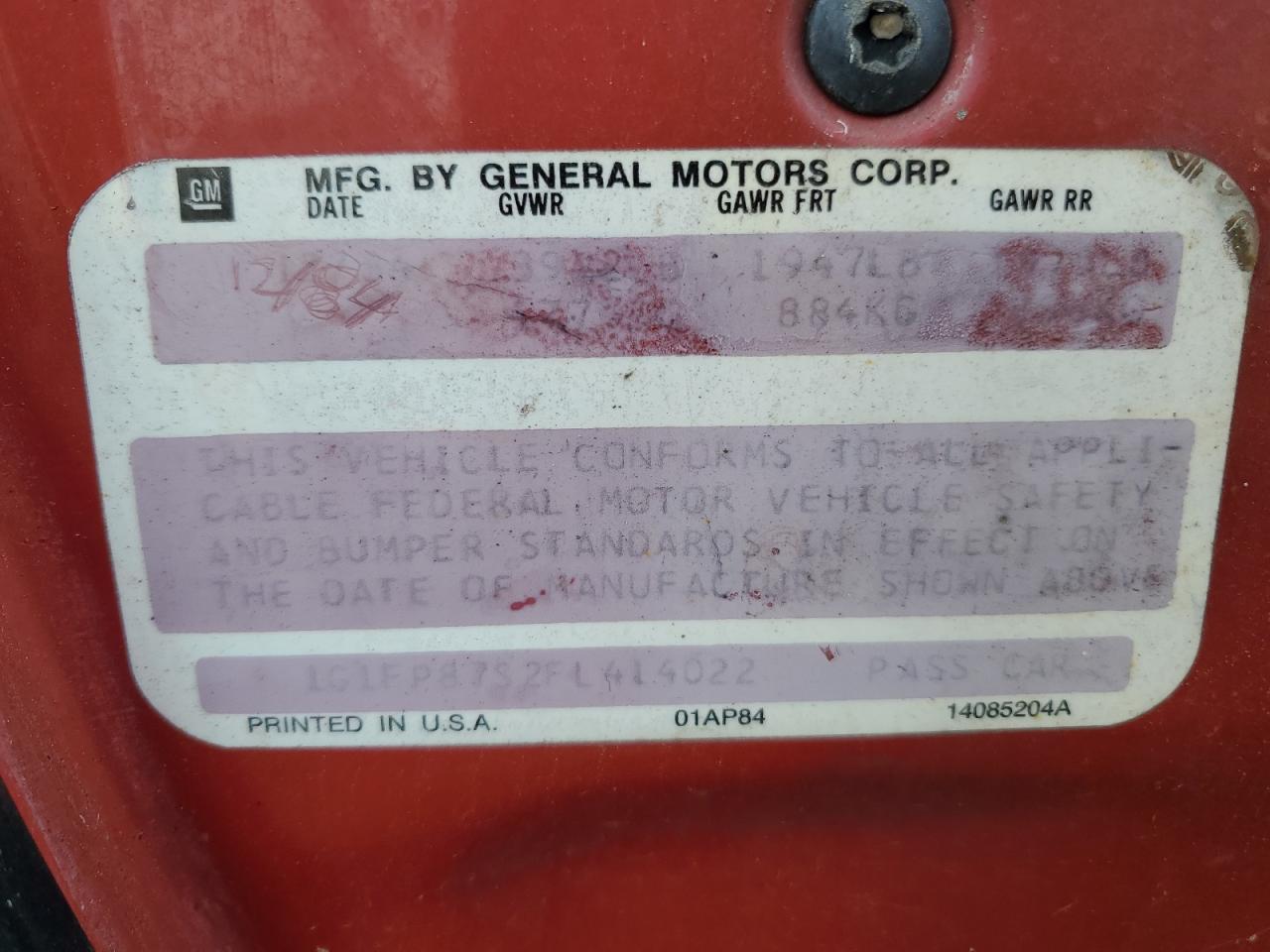 1985 Chevrolet Camaro Red vin: 1G1FP87S2FL414022