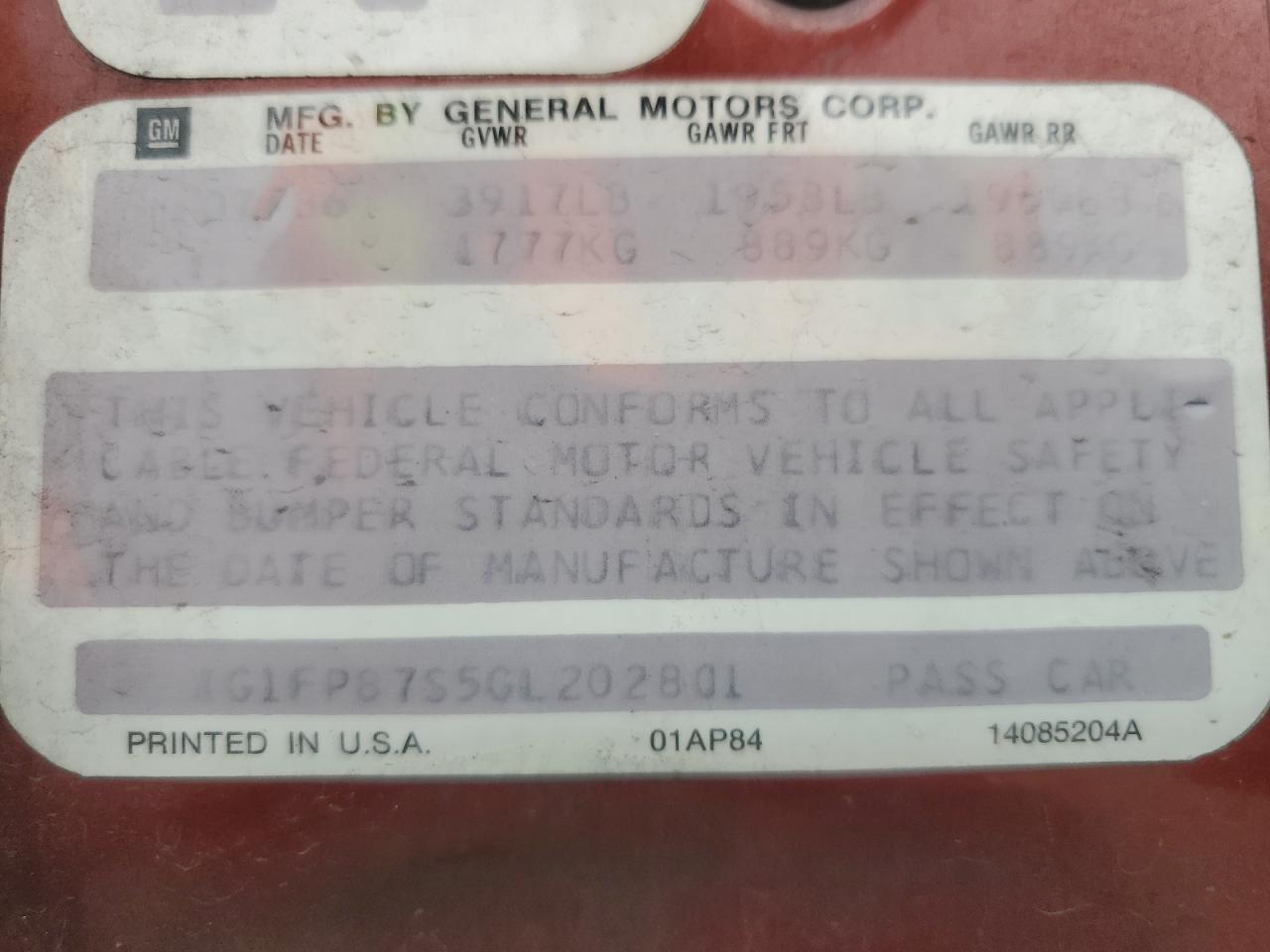 1986 Chevrolet Camaro Maroon vin: 1G1FP87S5GL202801