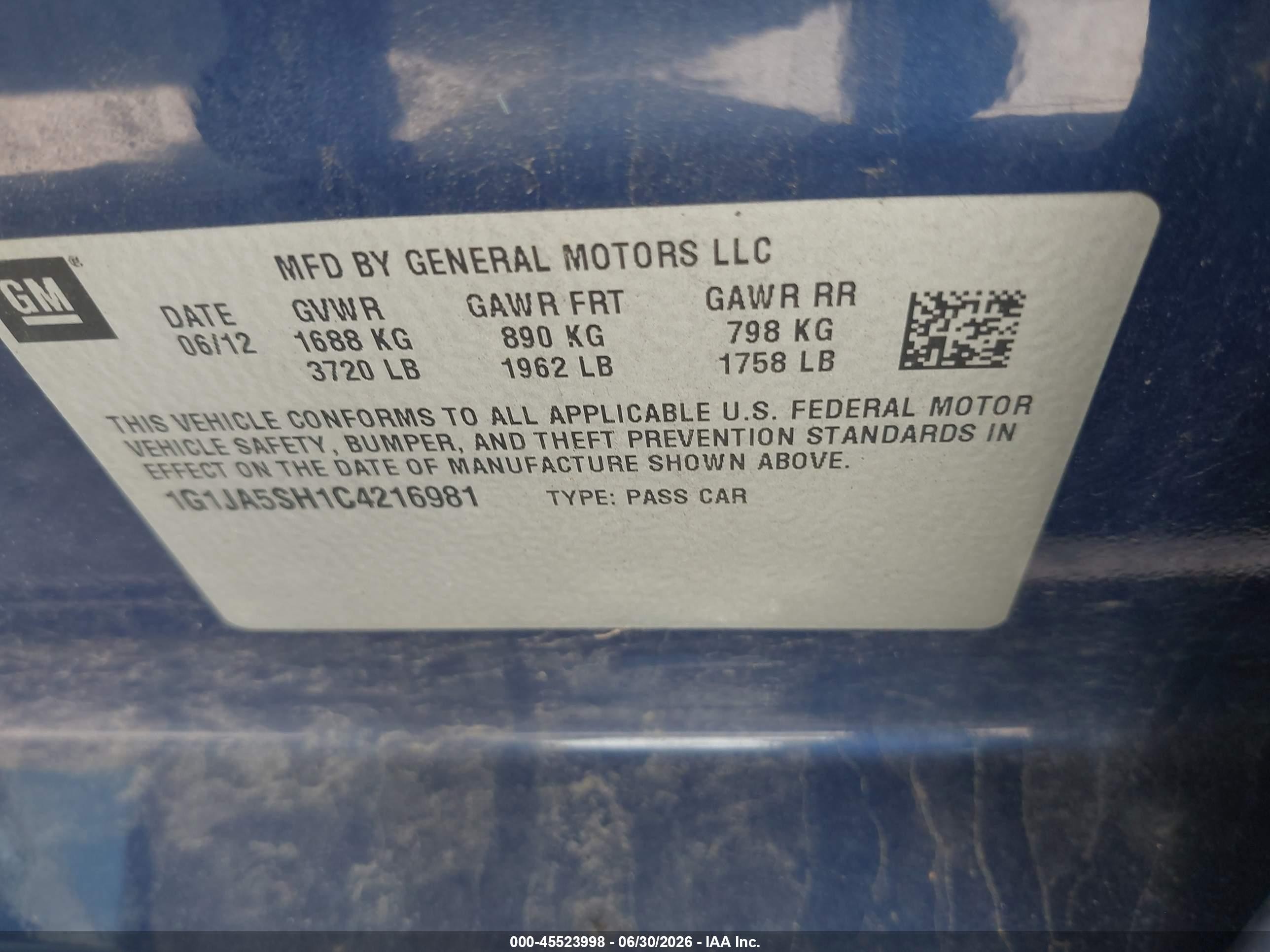 2012 Chevrolet Sonic 2ls Blue vin: 1G1JA5SH1C4216981