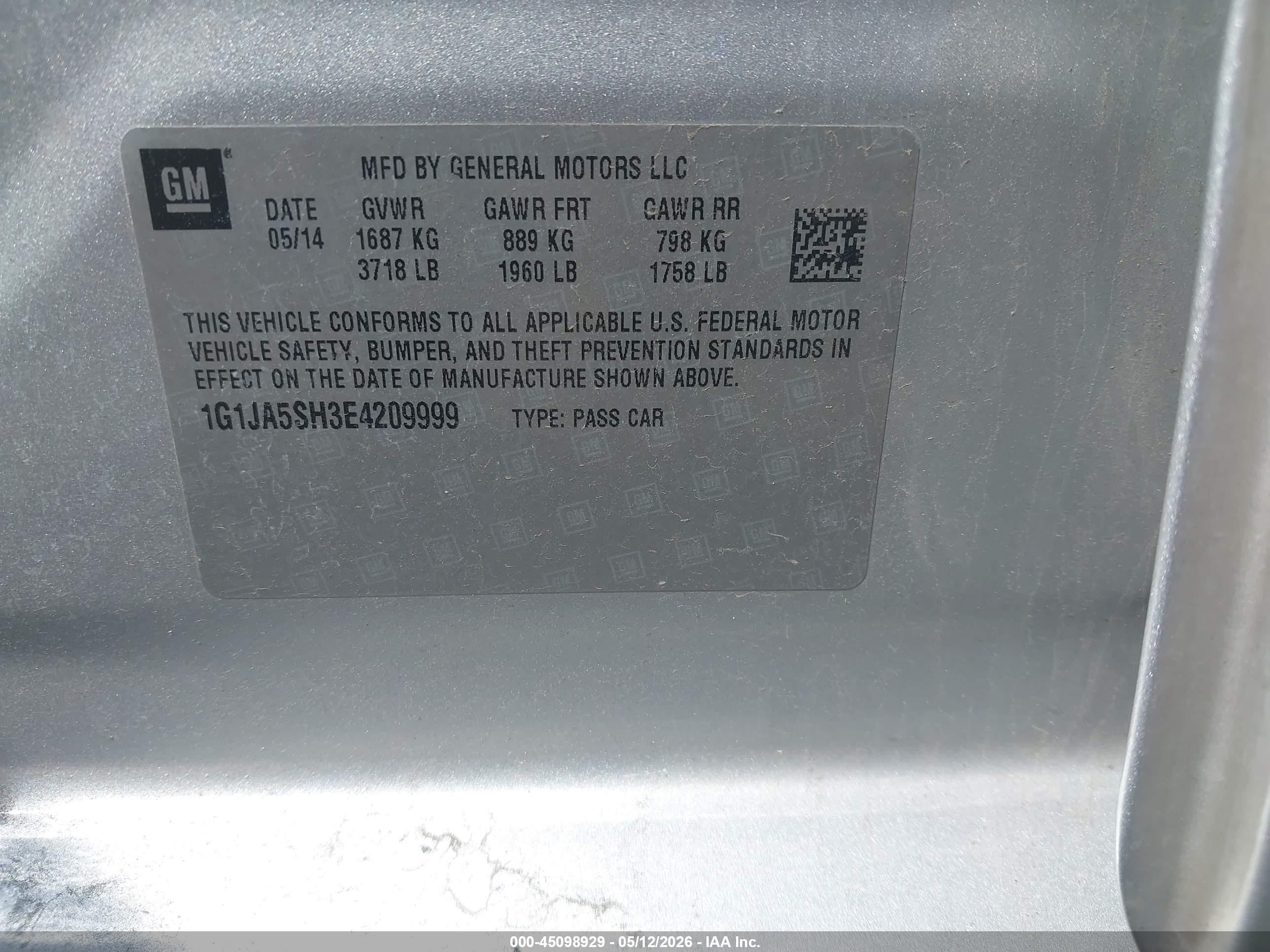 2014 Chevrolet Sonic Ls Auto Silver vin: 1G1JA5SH3E4209999