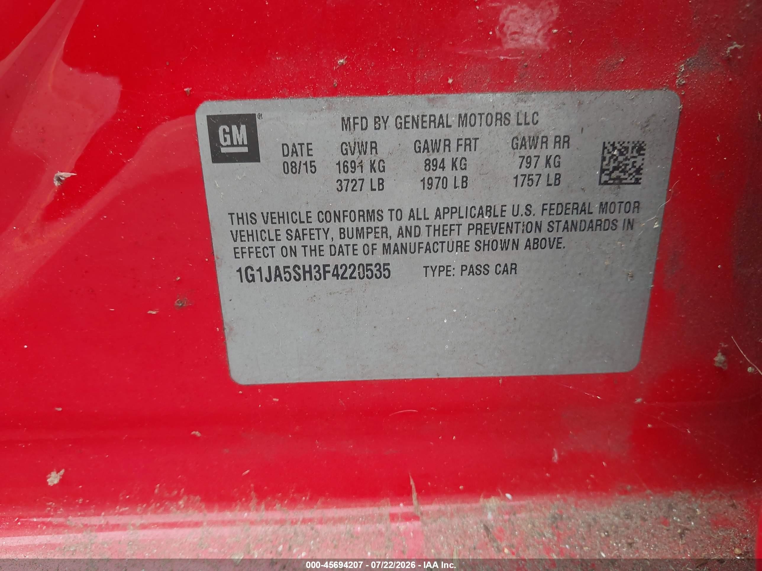 2015 Chevrolet Sonic Ls Auto Red vin: 1G1JA5SH3F4220535
