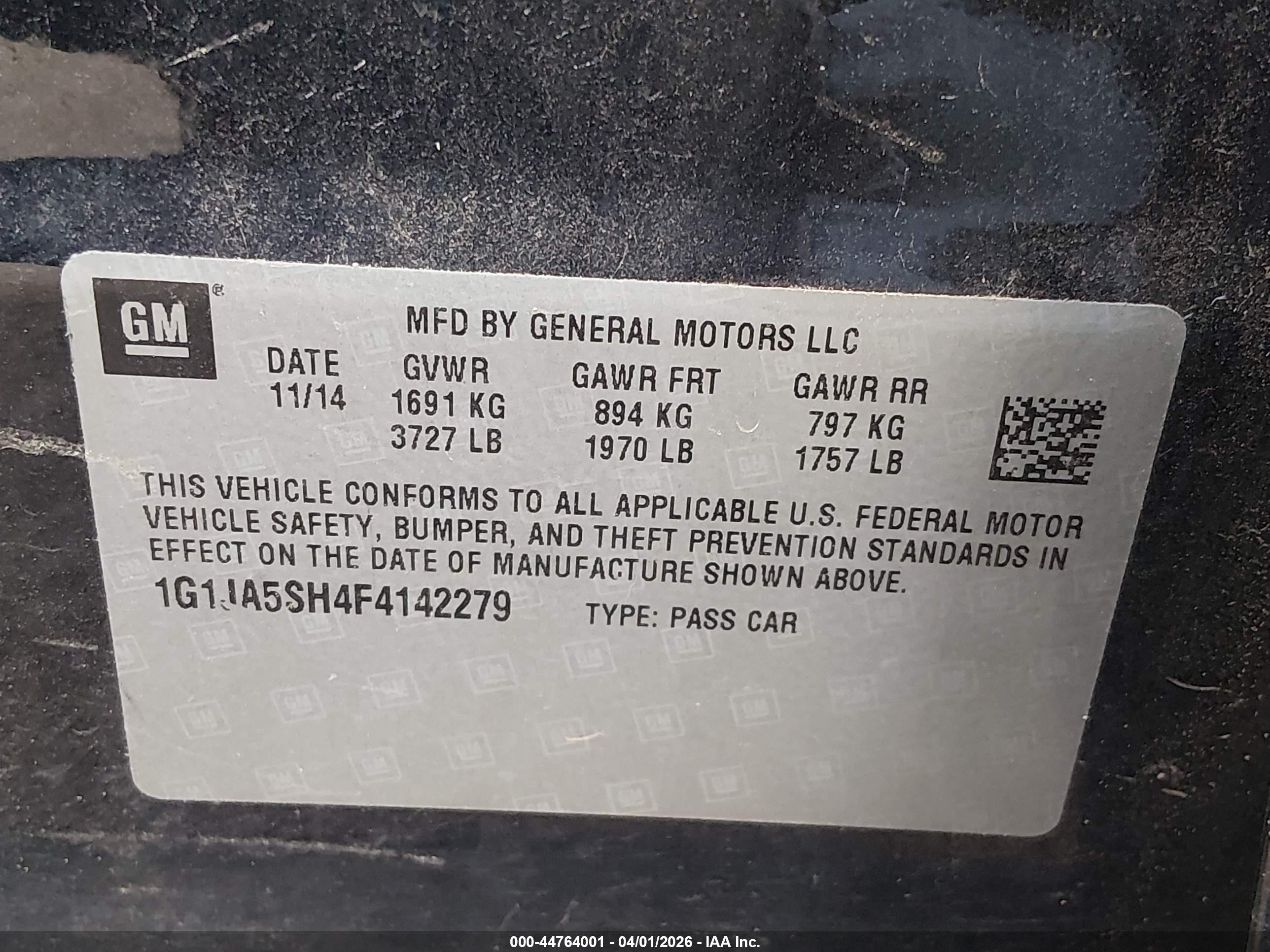 2015 Chevrolet Sonic Ls Auto Black vin: 1G1JA5SH4F4142279
