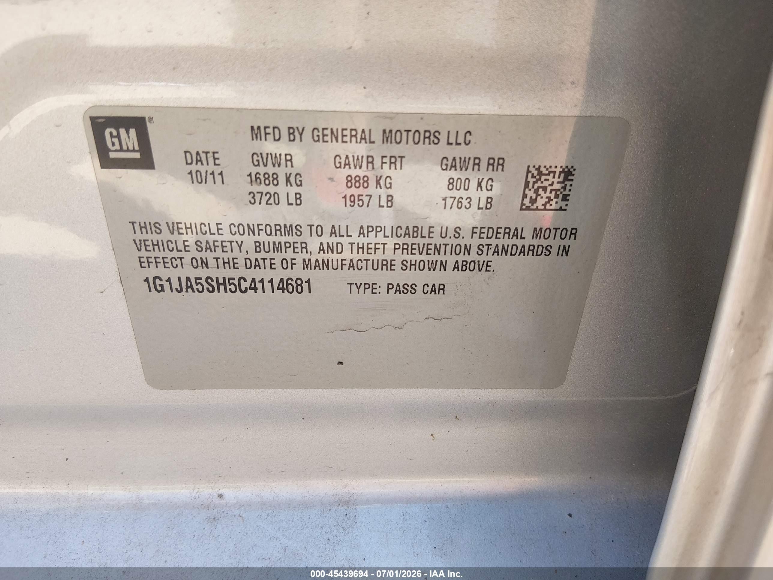2012 Chevrolet Sonic 2ls Silver vin: 1G1JA5SH5C4114681