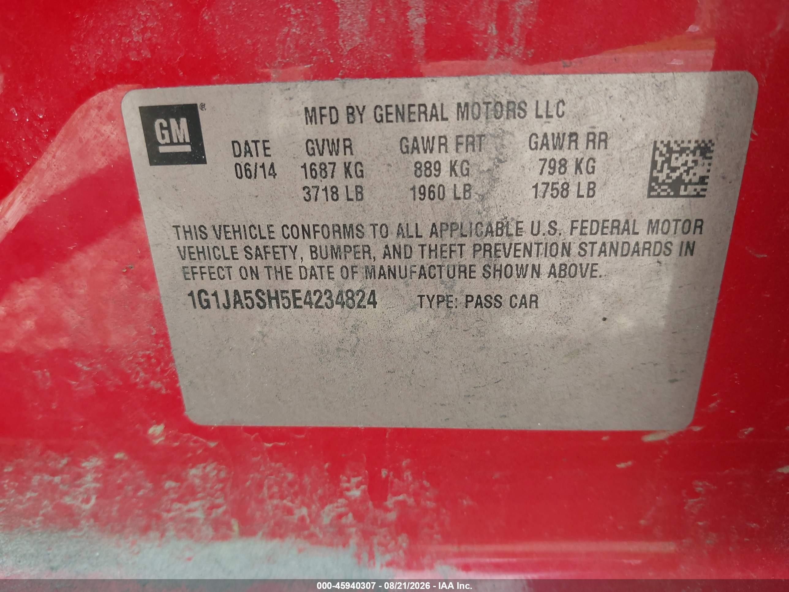 2014 Chevrolet Sonic Ls Auto Red vin: 1G1JA5SH5E4234824
