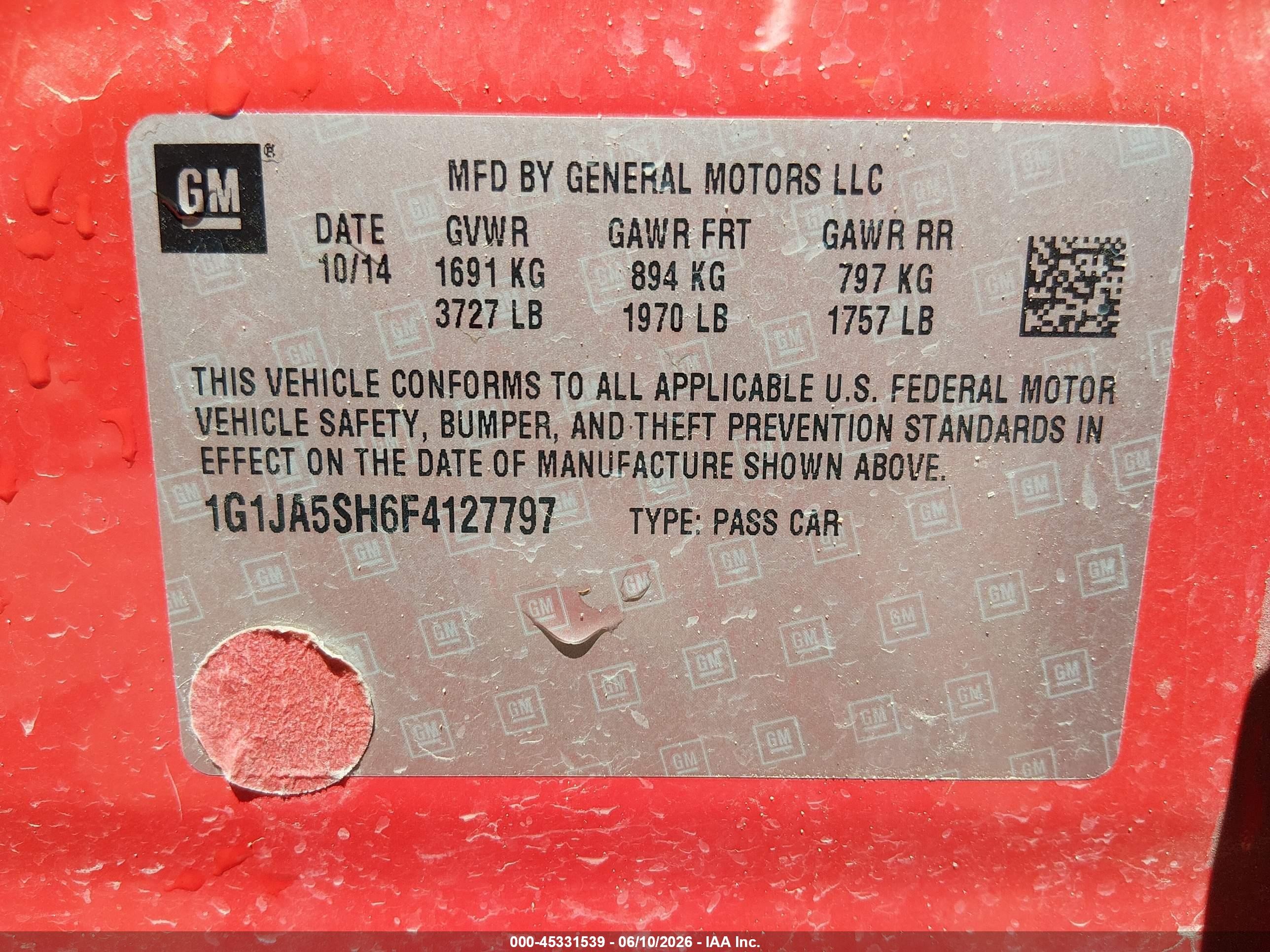 2015 Chevrolet Sonic Ls Auto Red vin: 1G1JA5SH6F4127797