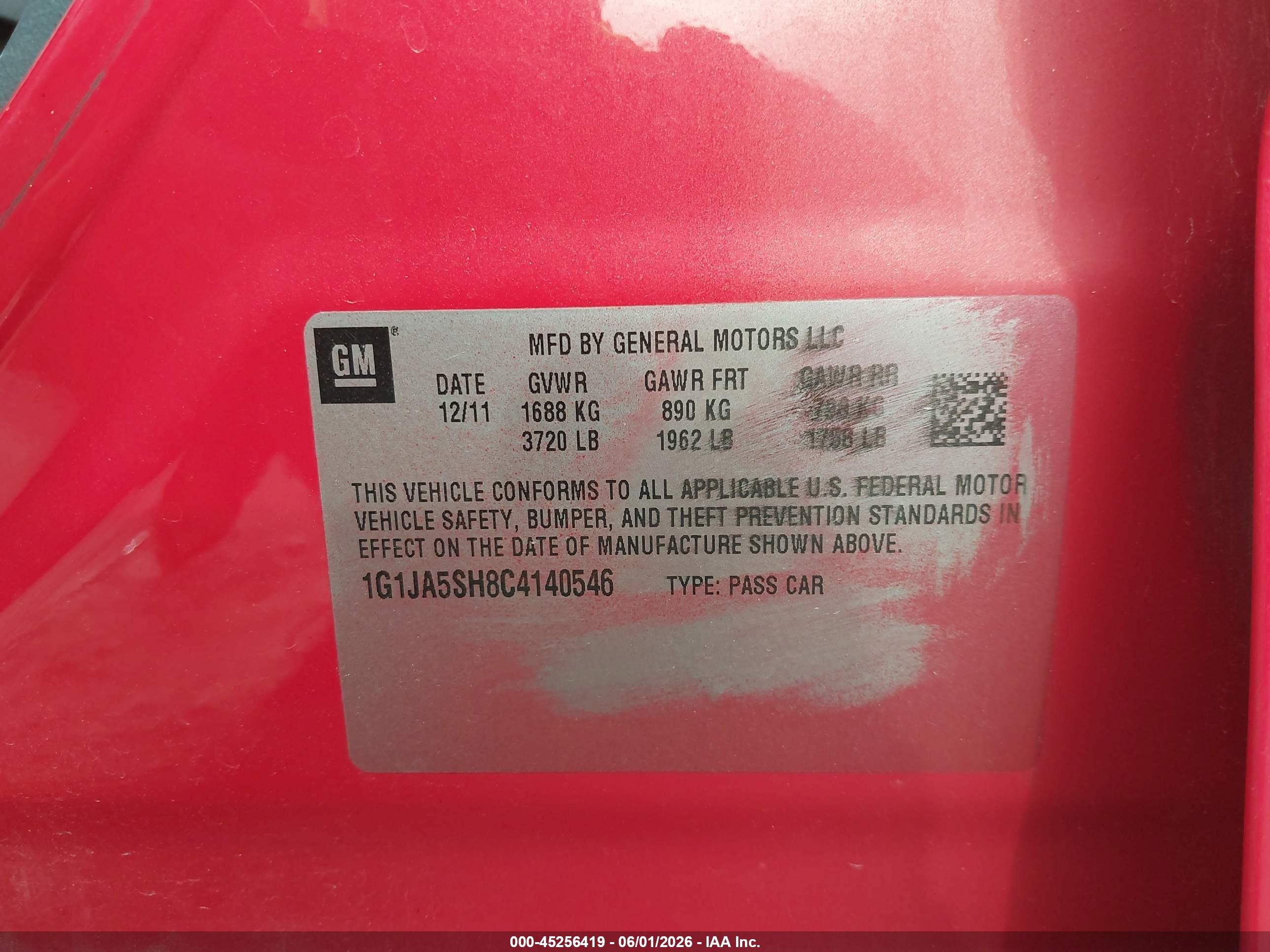 2012 Chevrolet Sonic 2ls Red vin: 1G1JA5SH8C4140546
